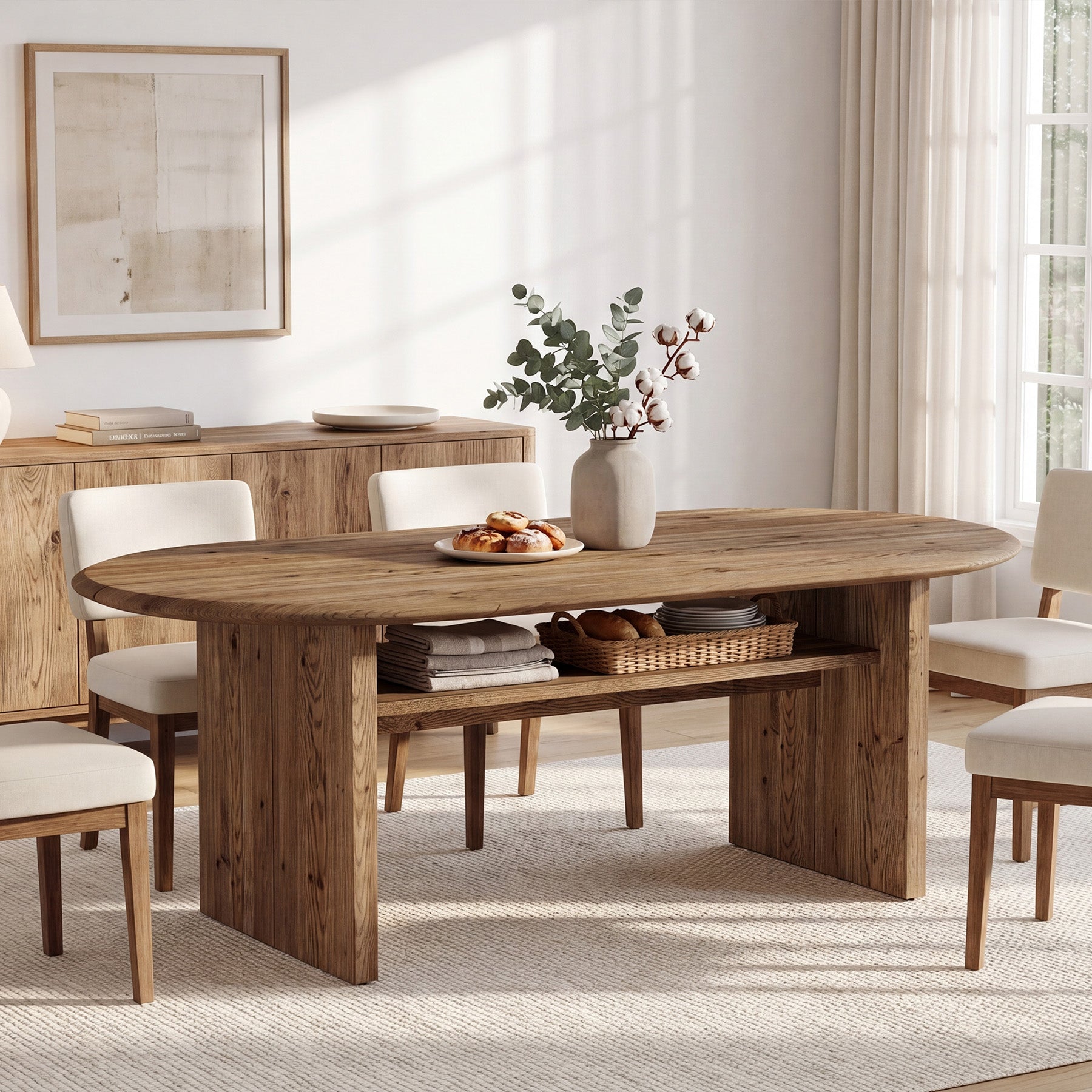 63" Solid Wood Dining Table for 6, Oval Kitchen Table with Storage for Dining Room