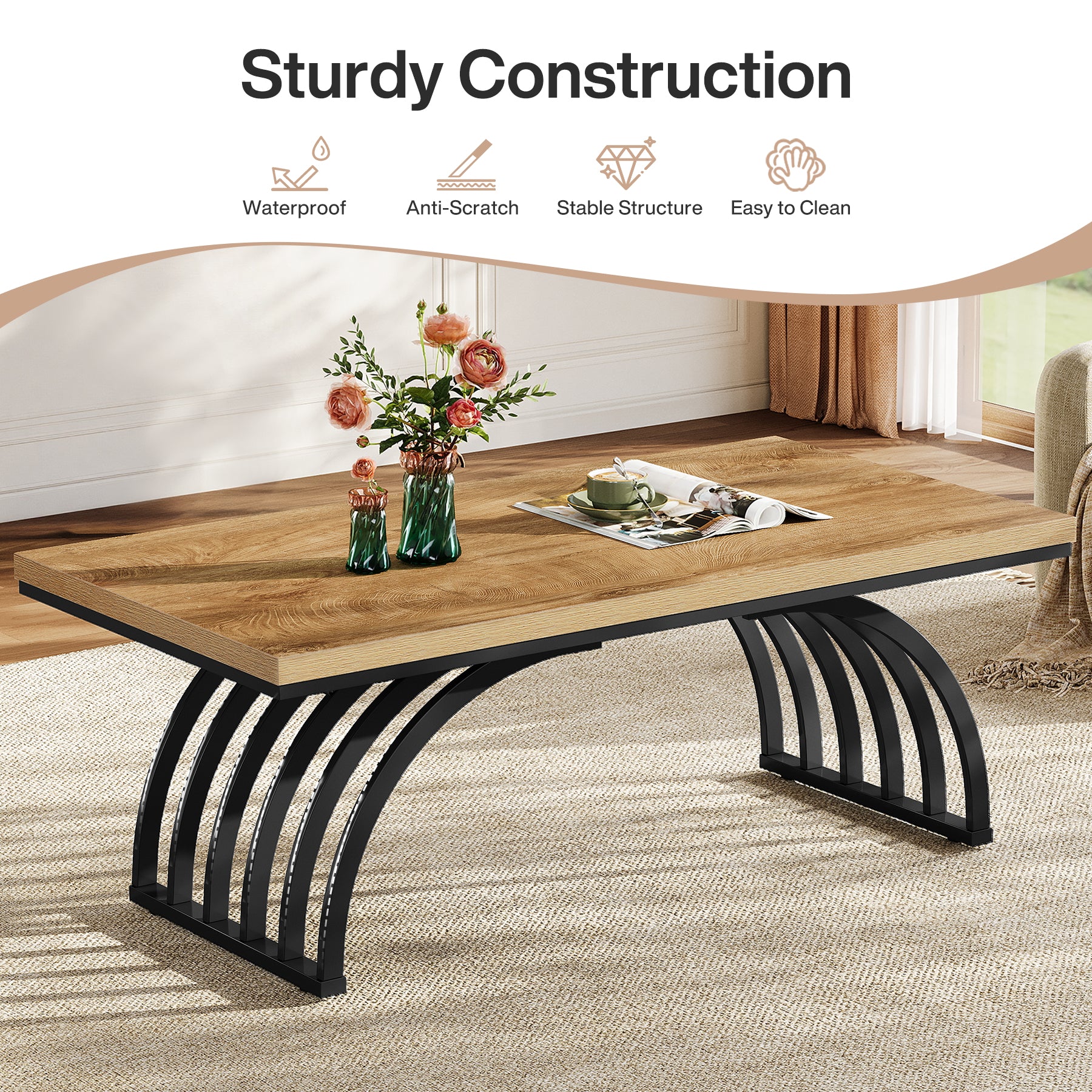 47" Coffee Table, Rectangular Center Tea Table with Metal Frame Legs