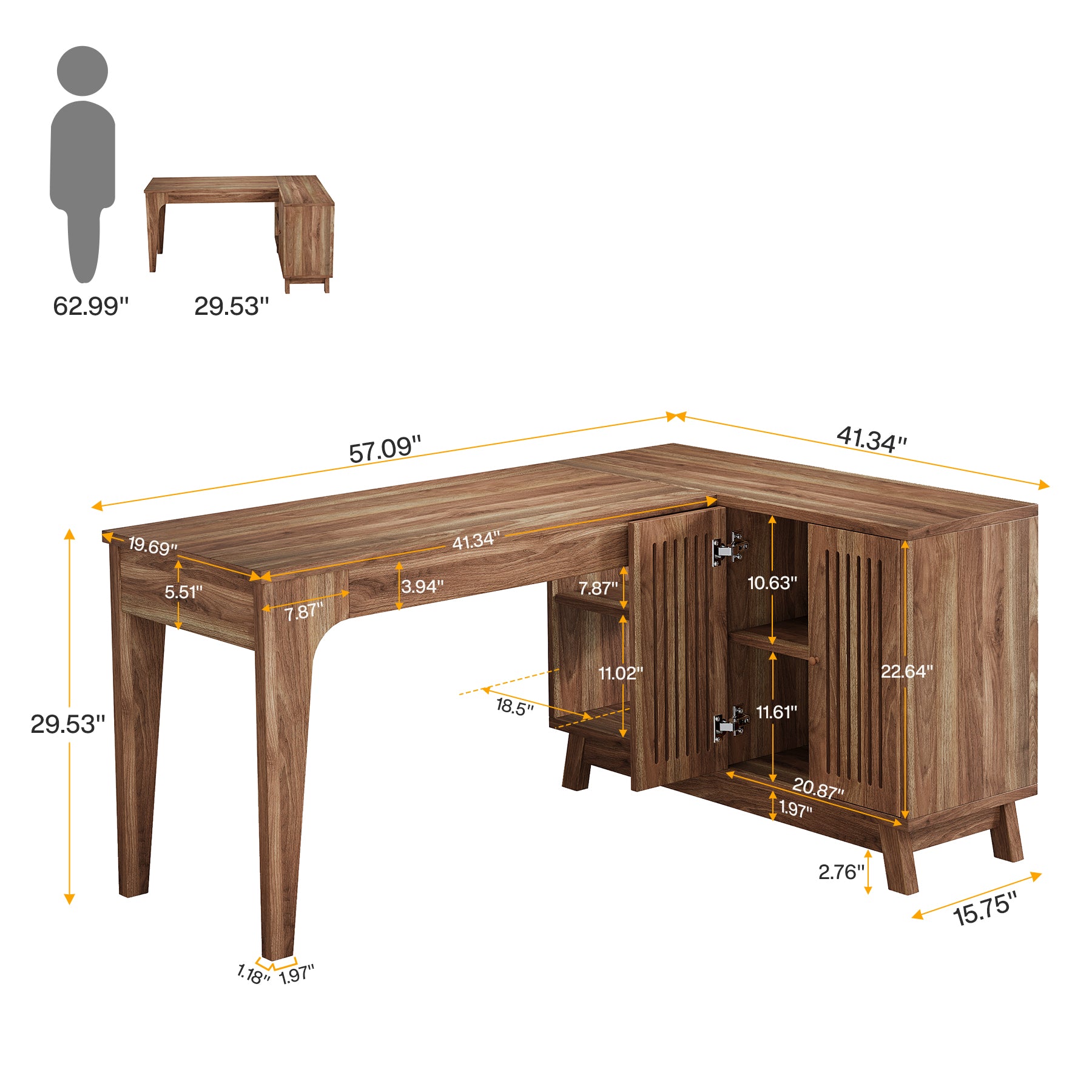 57" L - Shaped Corner Desk, Wood Computer Desk Study Writing Table with Cabinet Tribesigns