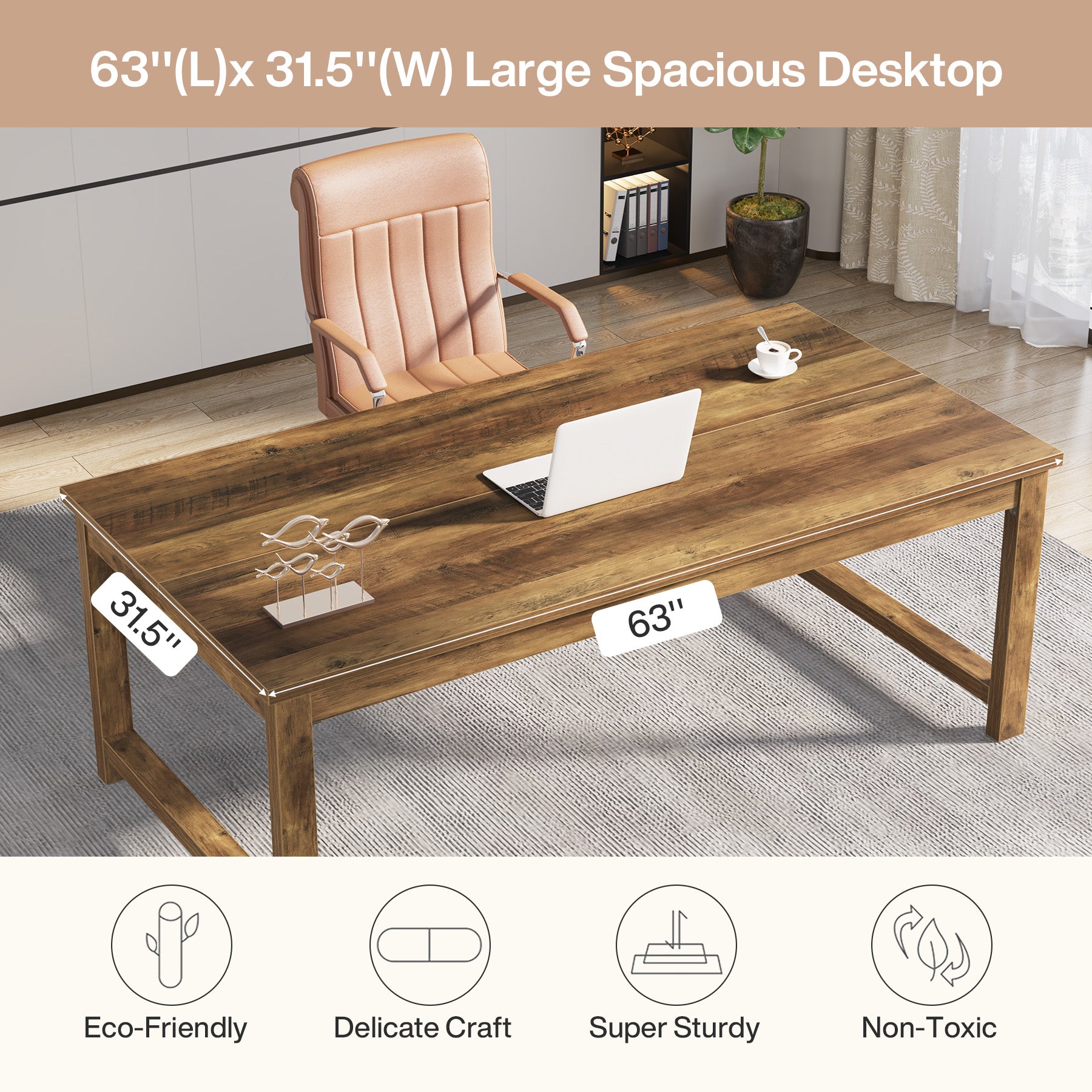 63" Executive Desk, Sturdy Home Office Computer Desk Writing Table