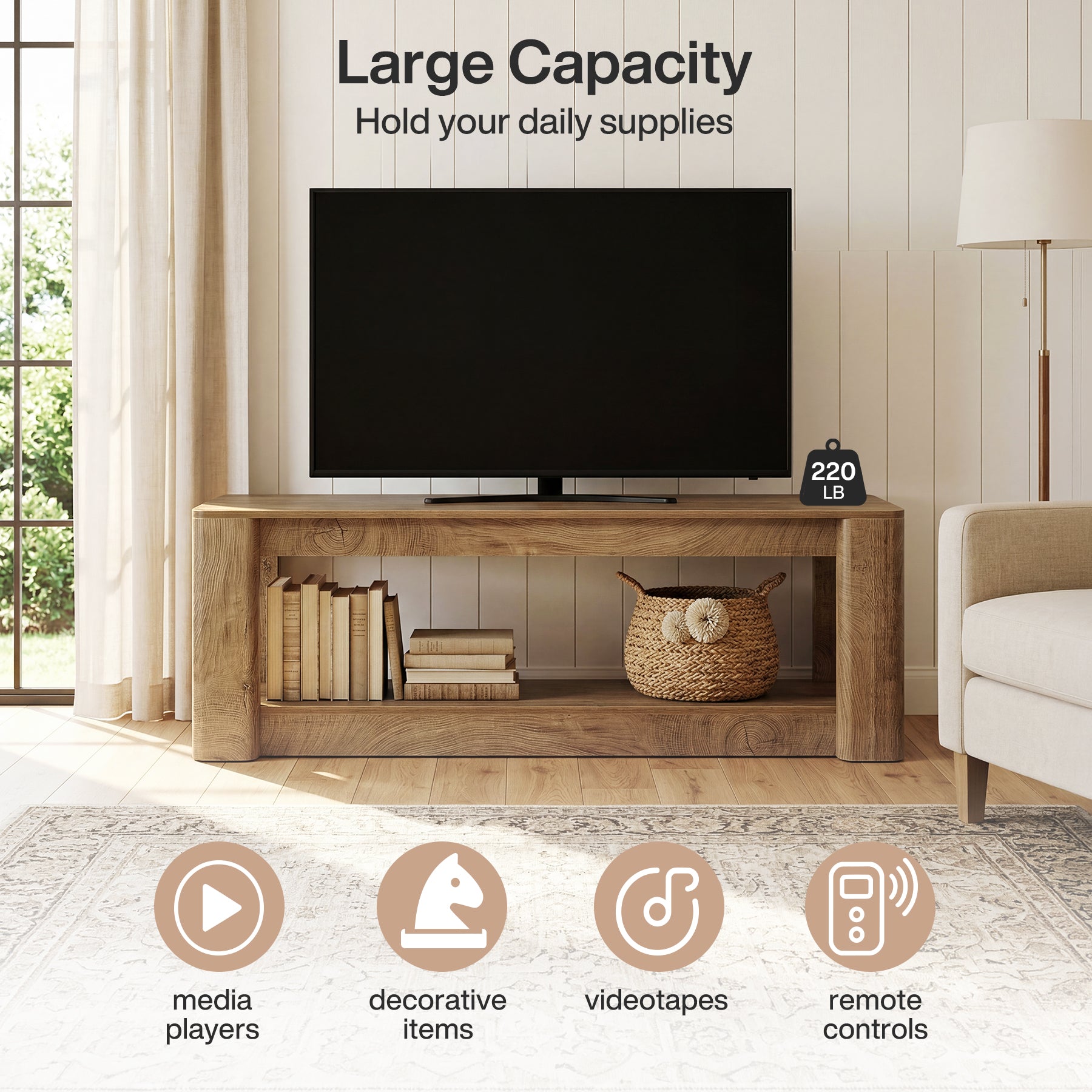 63" Farmhouse TV Stand for 55-75" TVs, Wood Media Console with Open Storage Shelves, Rustic Entertainment Center