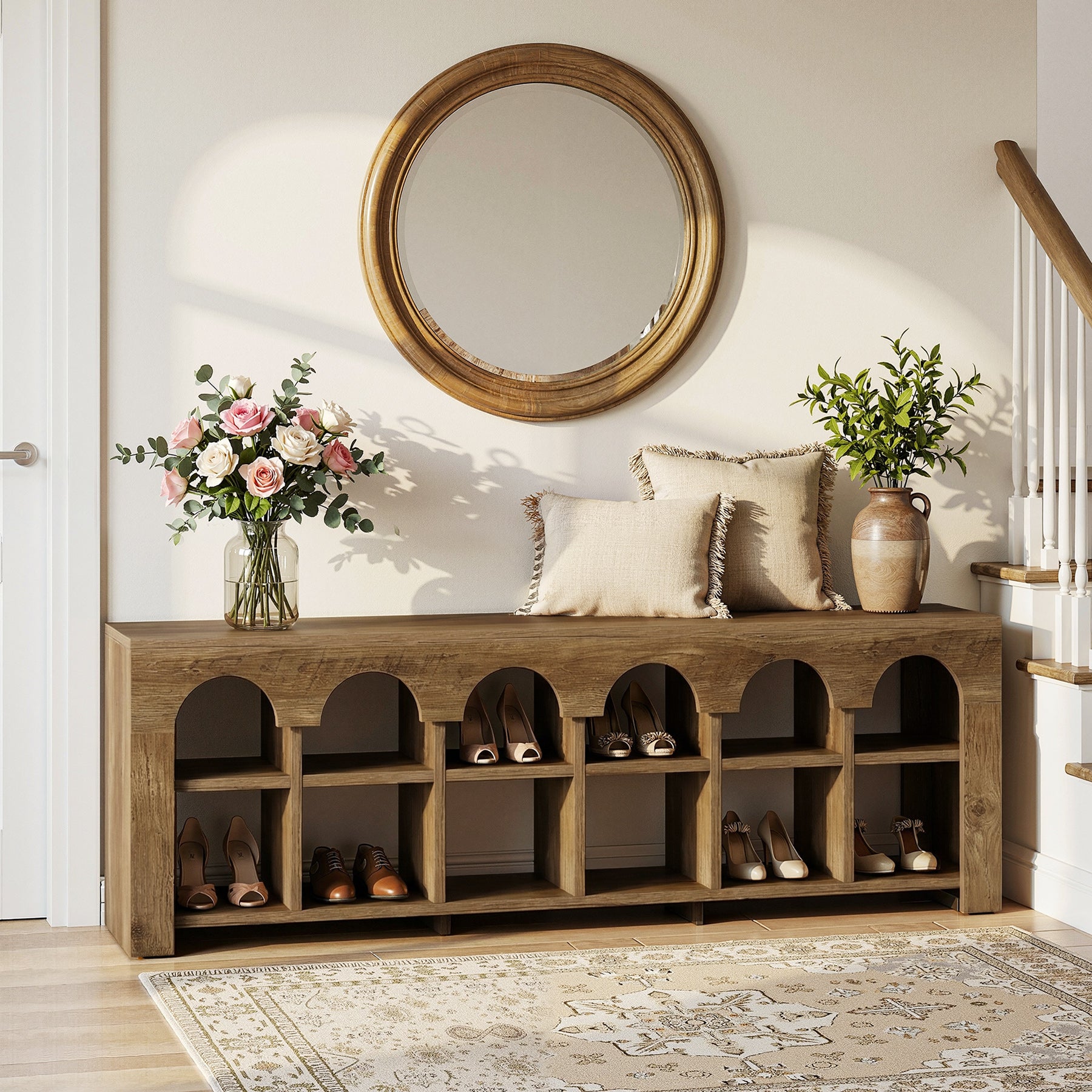 63" Entryway Bench, 2-Tier Narrow Shoe Storage Bench with Arched Cubbies
