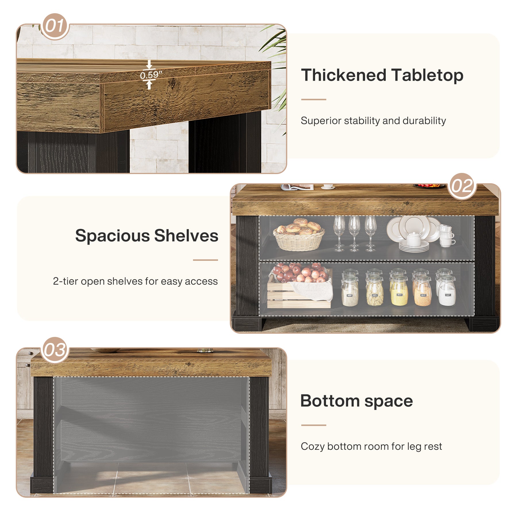 55" Counter Height Bar Table with Storage Shelves, Rectangular Kitchen Table for 6