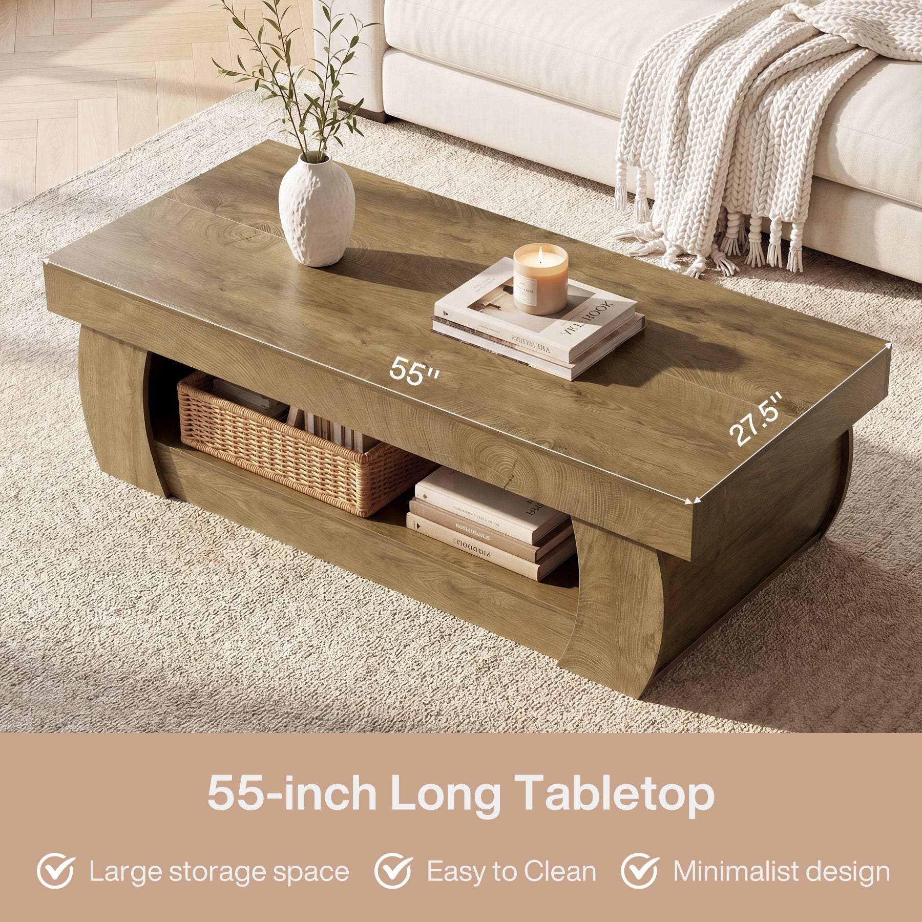 55" Farmhouse Coffee Table with Storage and Curved Pedestal Base