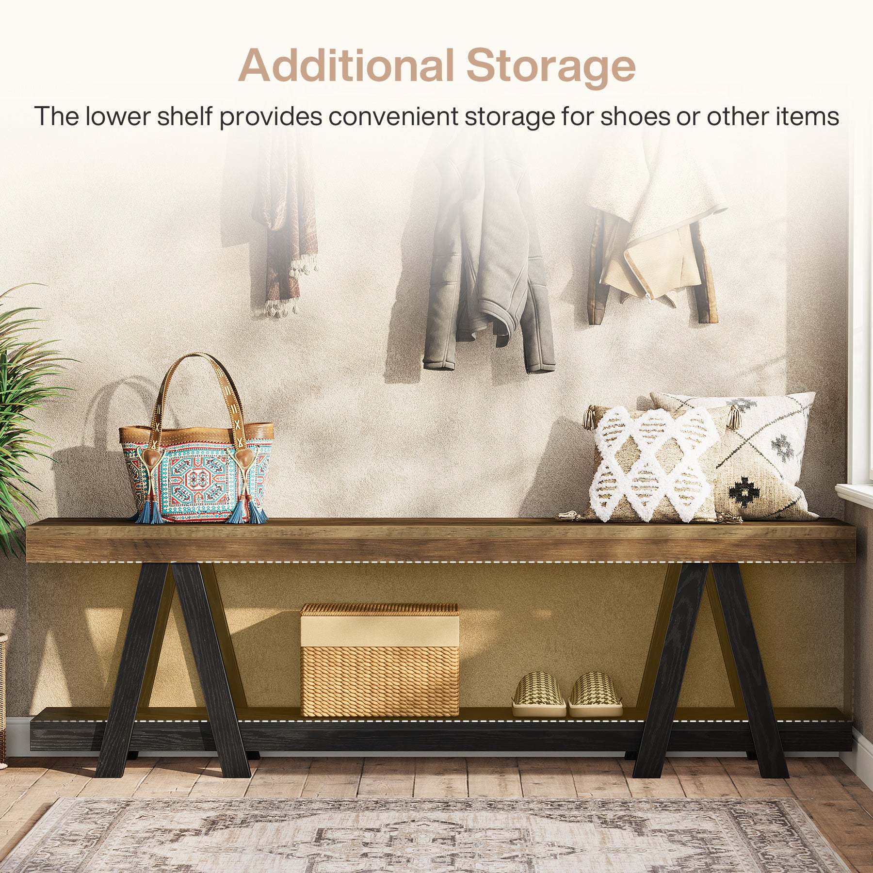 59.05" Entryway Bench with Shoe Storage, 2-Tier End of Bed Bench with Shelves