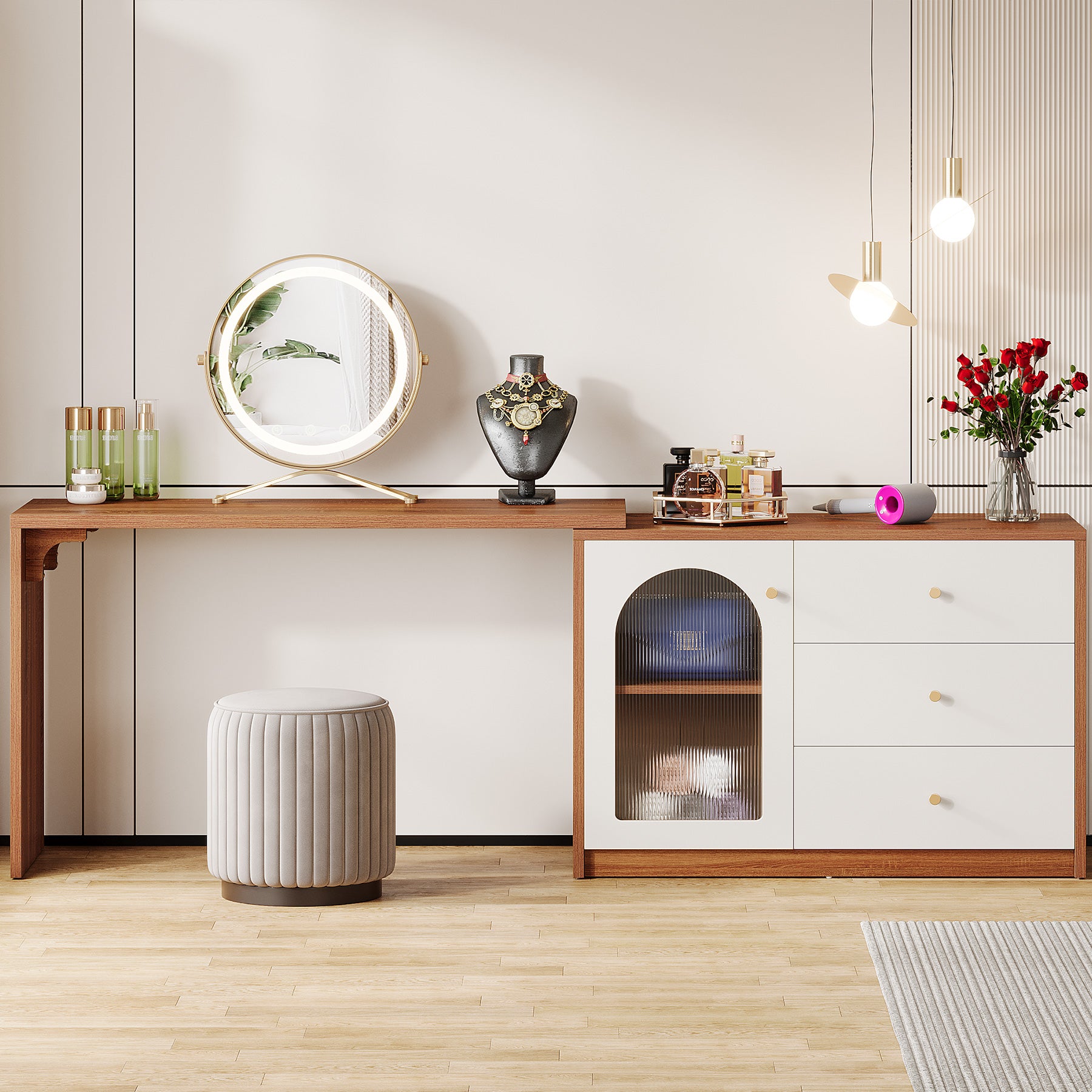 Modern Makeup Vanity, Dressing Table with 3 Drawers and Cabinet