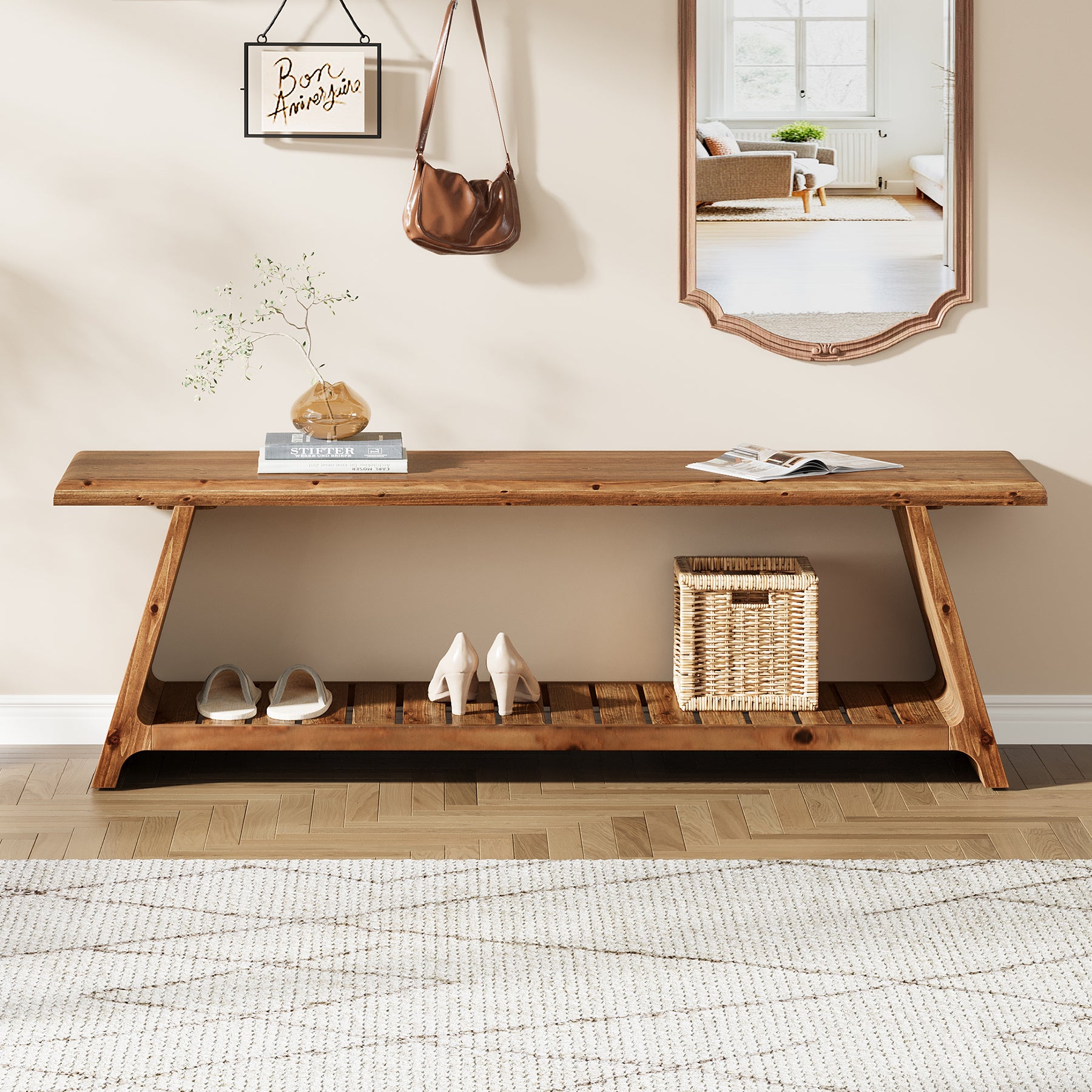 63" Solid Wood Entryway Bench, Narrow Shoe Bench Seat with Storage