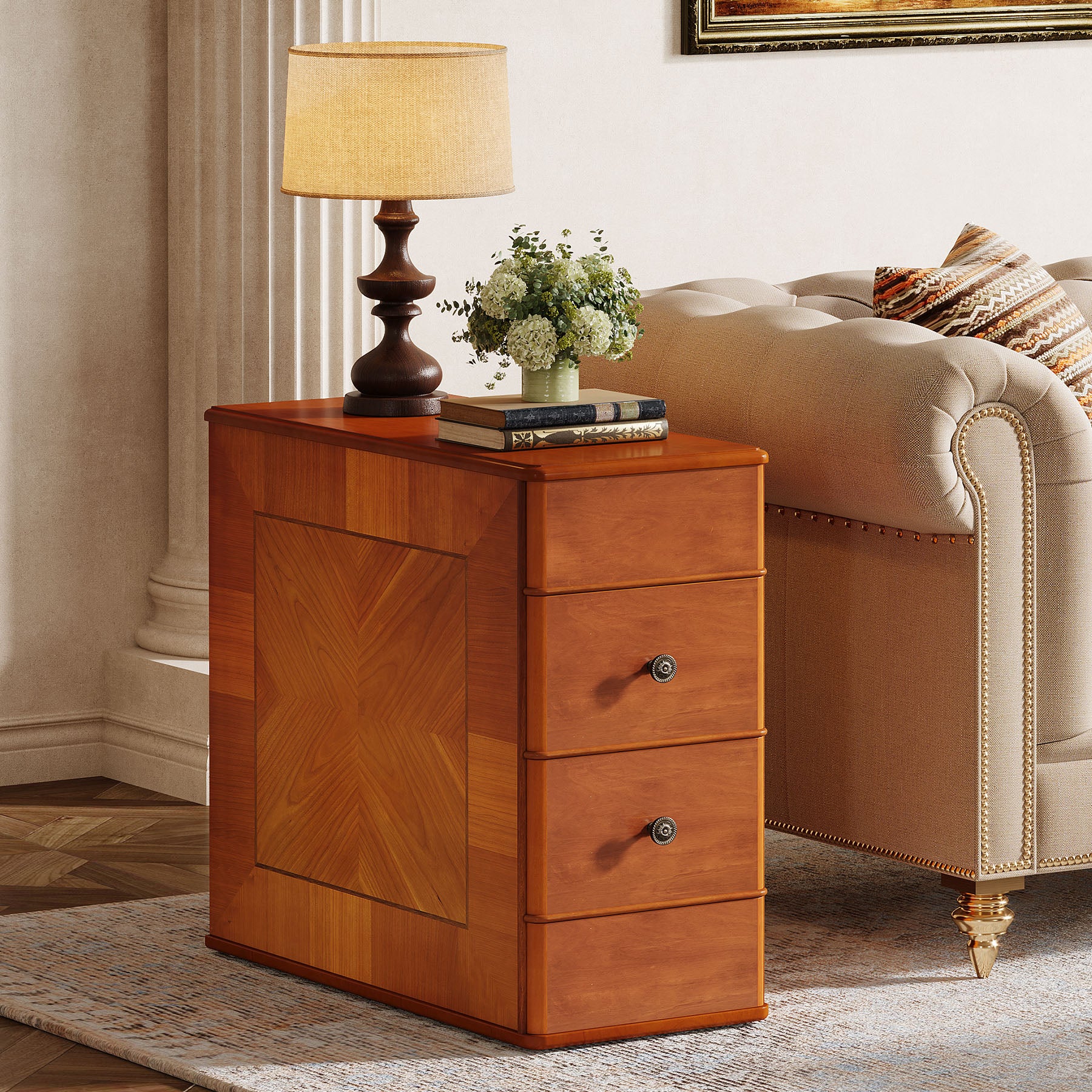 Narrow Side End Table Nightstand with 2 Drawers, No Assembly Required