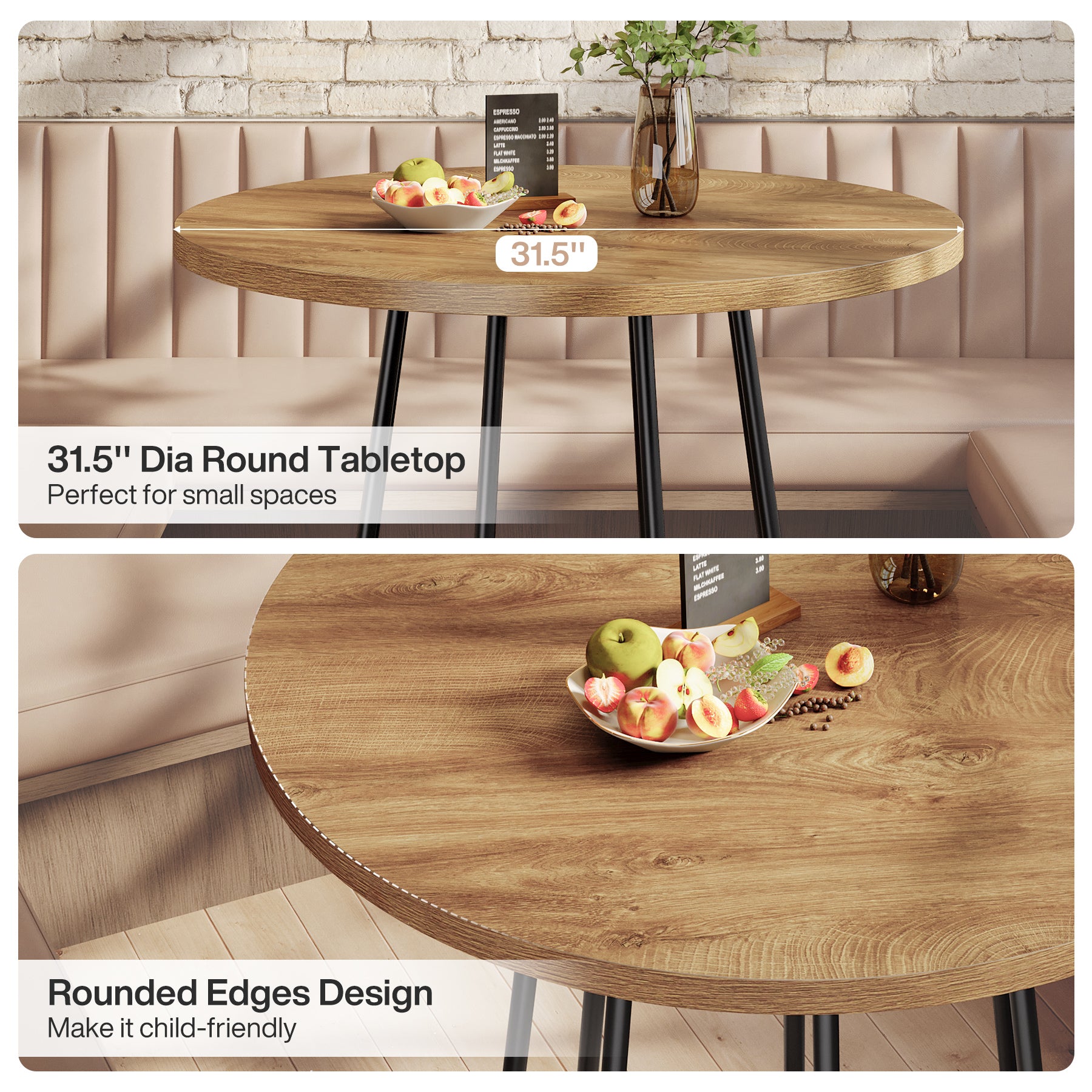 31.5" Round Dining Table For 2-4, Small Kitchen Dinner Table With Metal Base