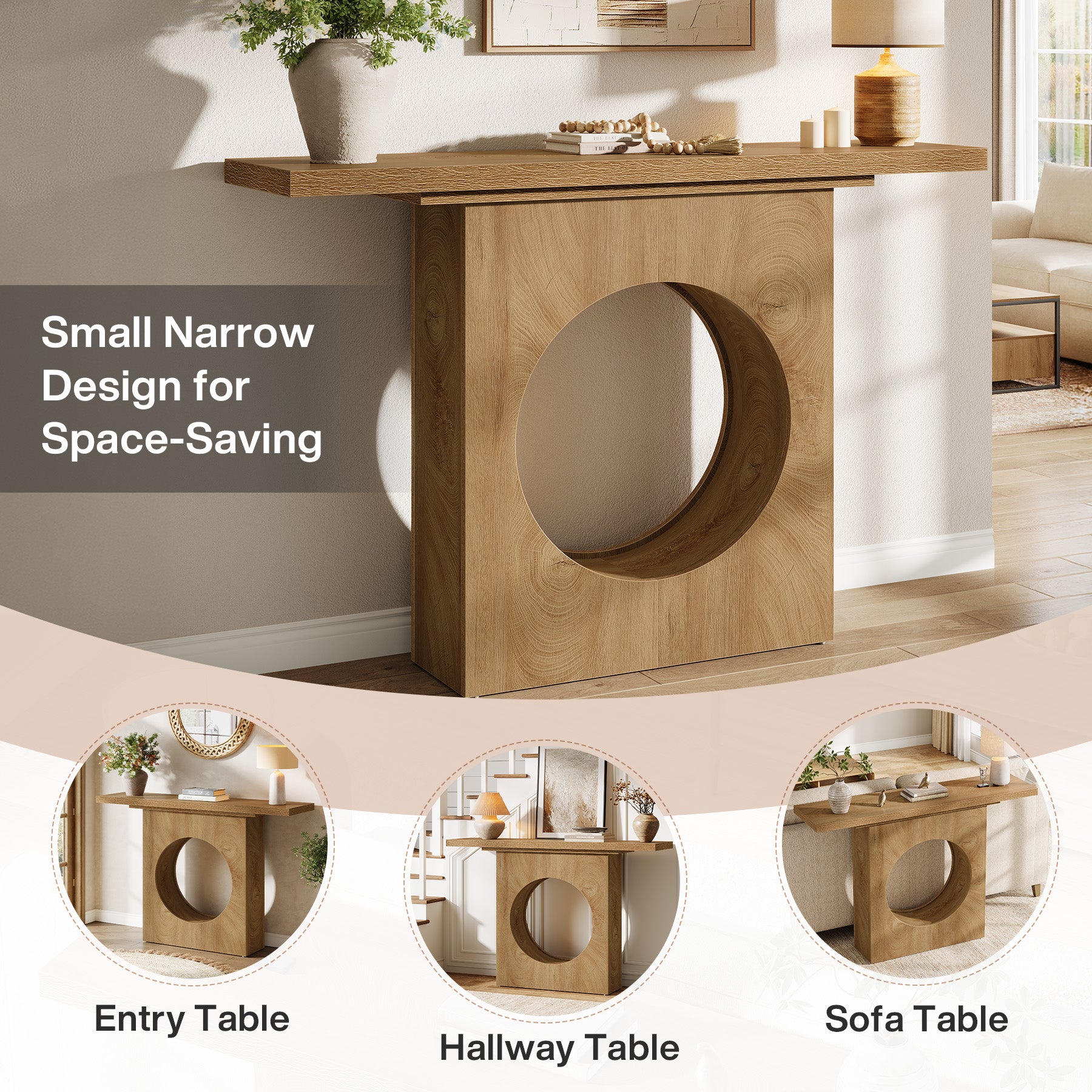 41.3" Narrow Farmhouse Console Table with Round Cutout Design, Slim Entryway Sofa Table