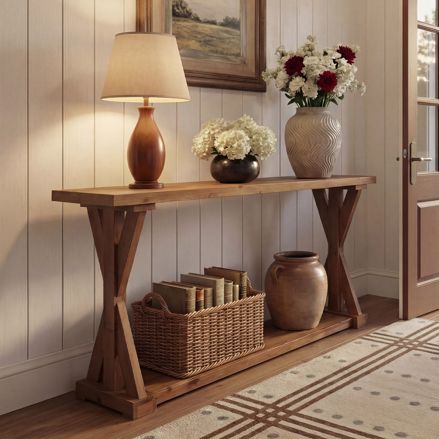 63" Narrow Console Table, Farmhouse Solid Wood Entryway Table with 2-Tier Storage