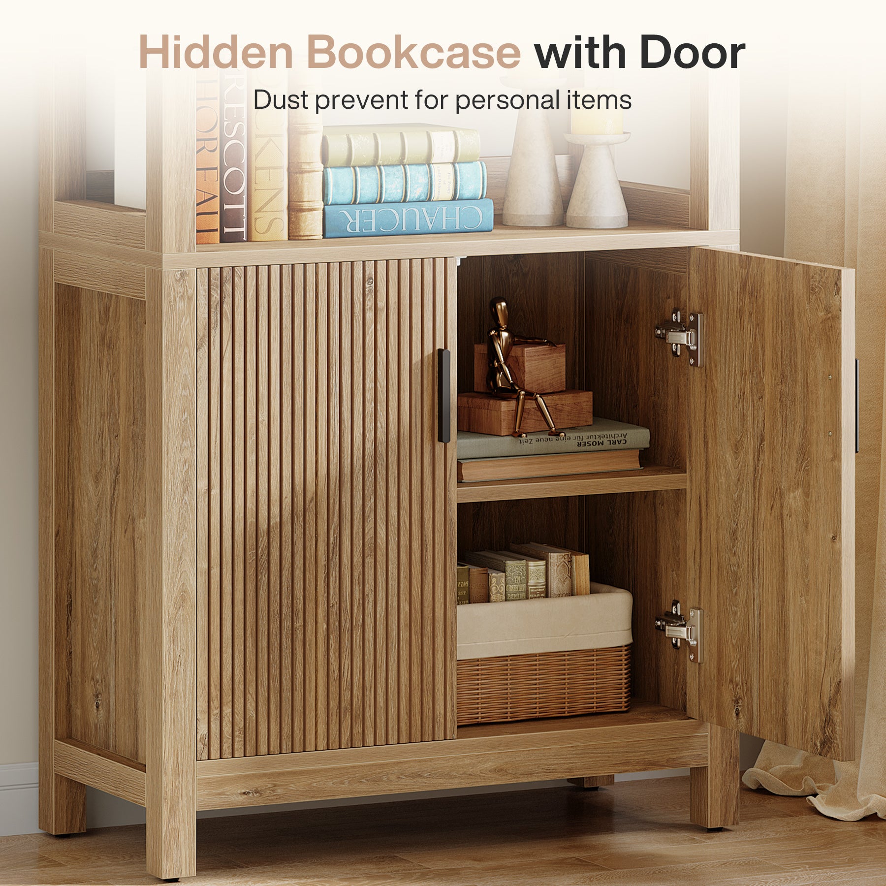 70.9" Bookcase, Wooden Bookshelf with 3-Tier Open Shelf and Door Cabinet