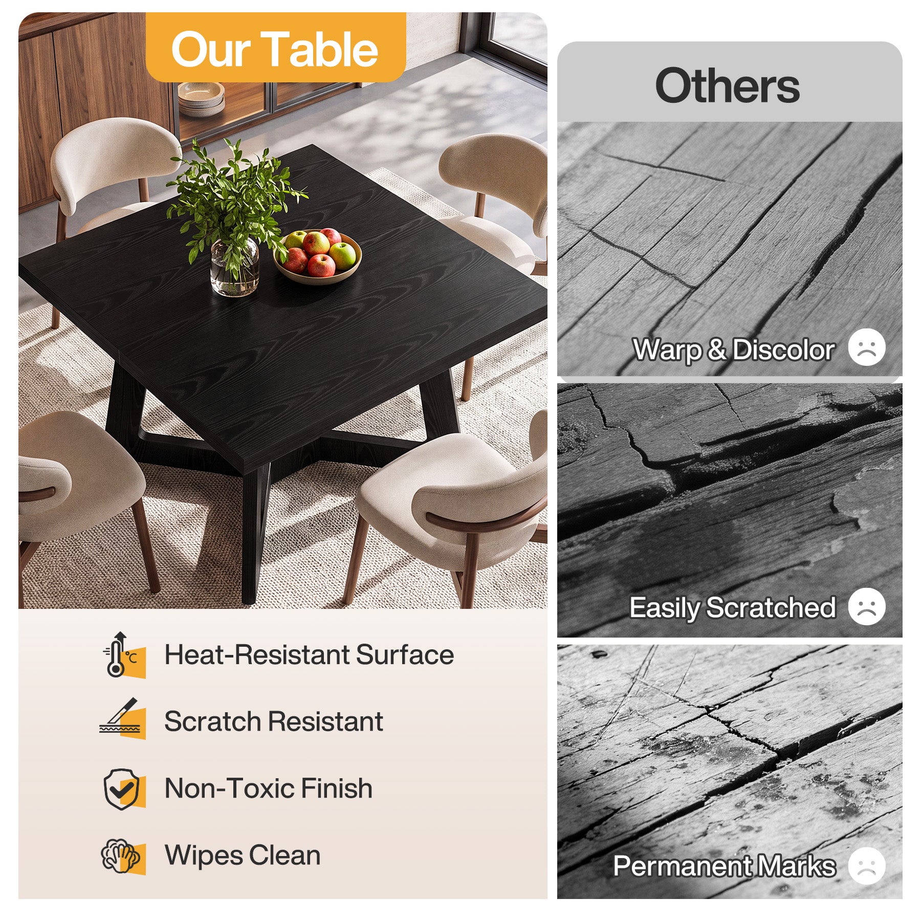 39.37" Square Dining Table, Modern Kitchen Table Geometric Leg for 4 People