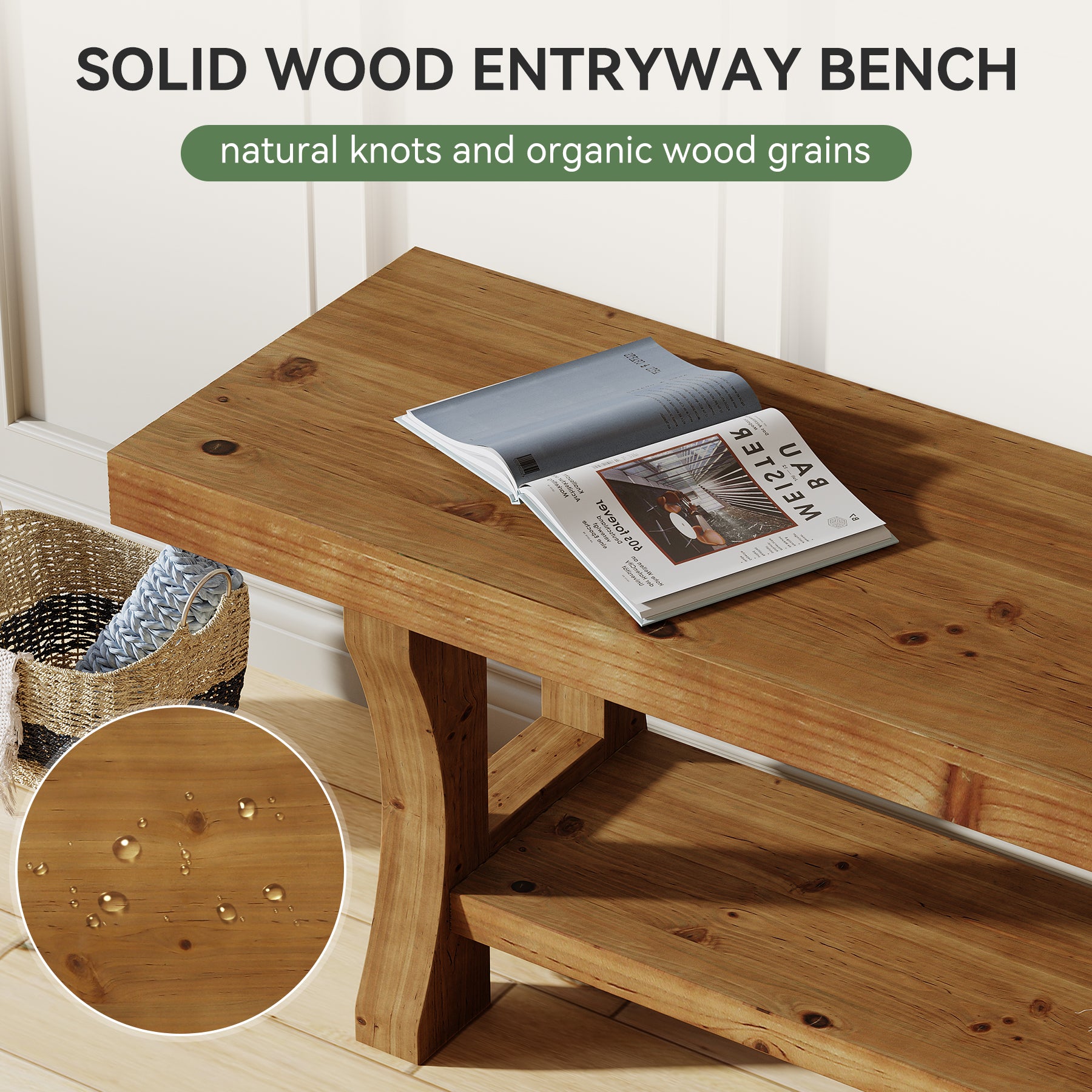 55" Entryway Bench, Solid Wood End of Bed Bench Dining Seat