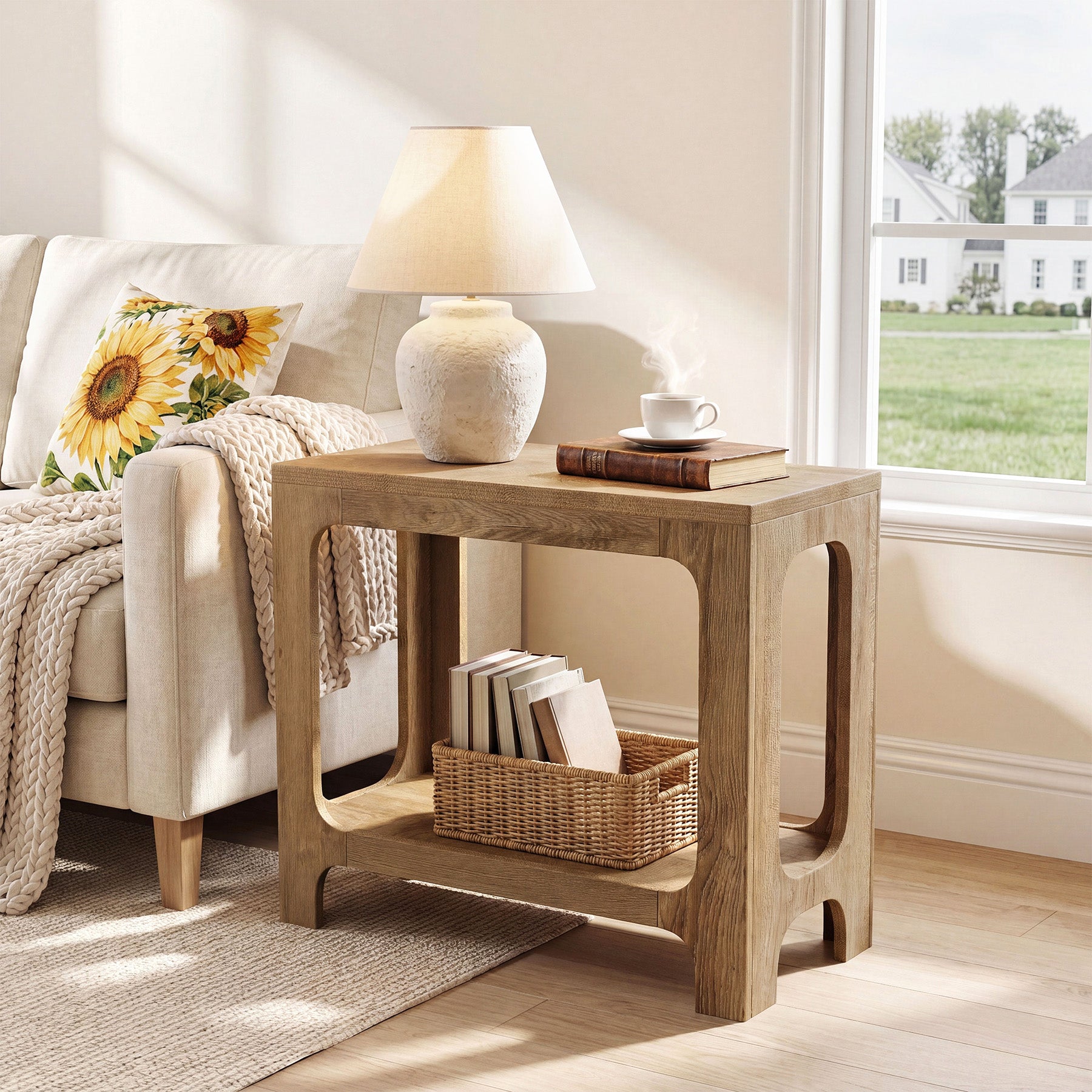 2-Tier Side Table, Narrow Wooden Rectangle End Table for Small Spaces