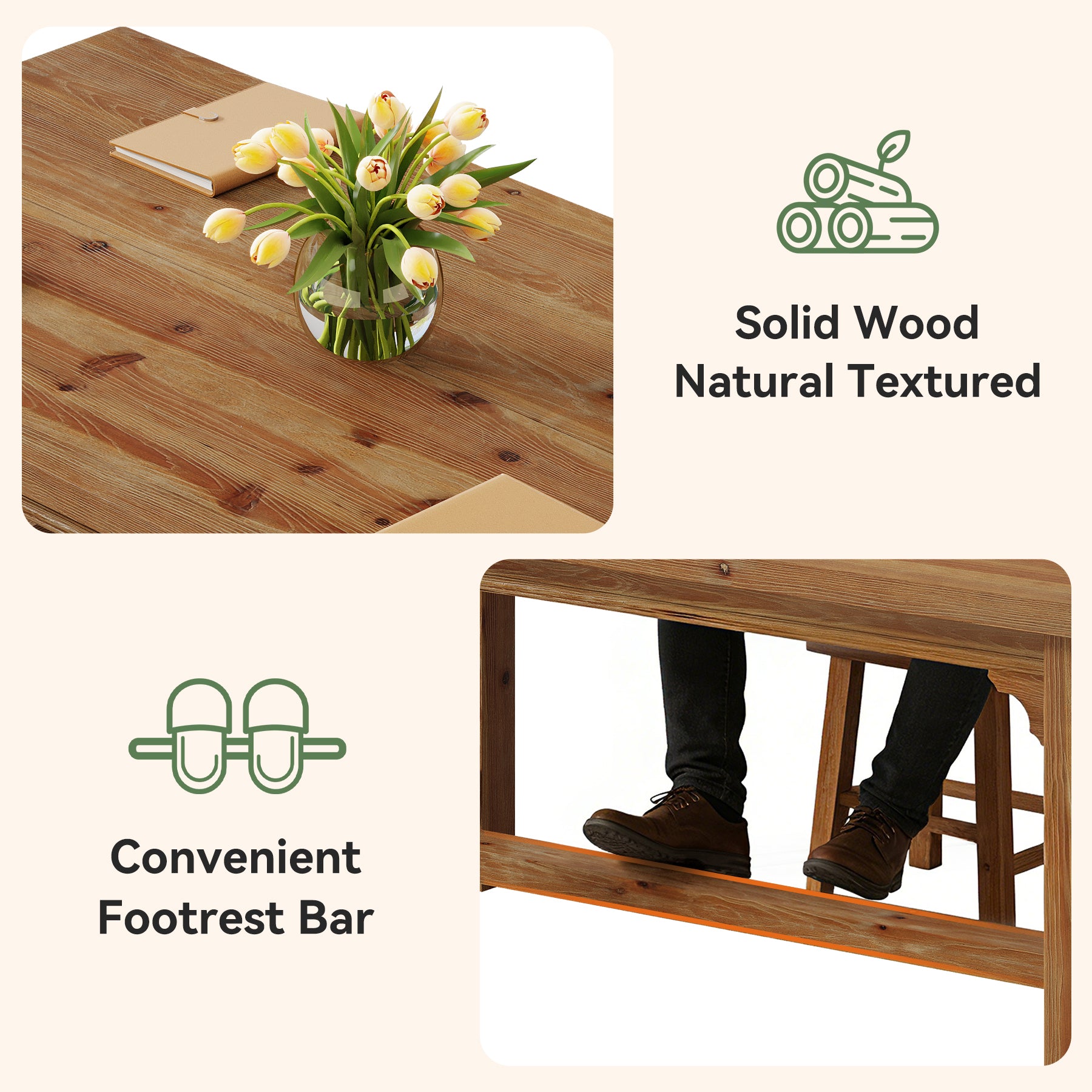 Solid Wood Executive Desk, 63" Computer Desk with Foot Bar for Home Office