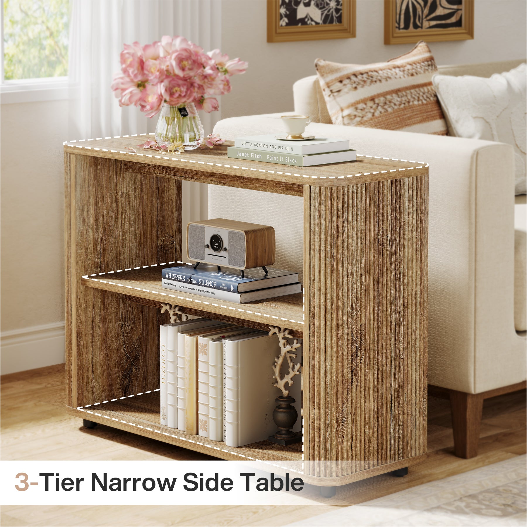 3-Tier End Table, Narrow Side Table Nightstand with Storage Shelves