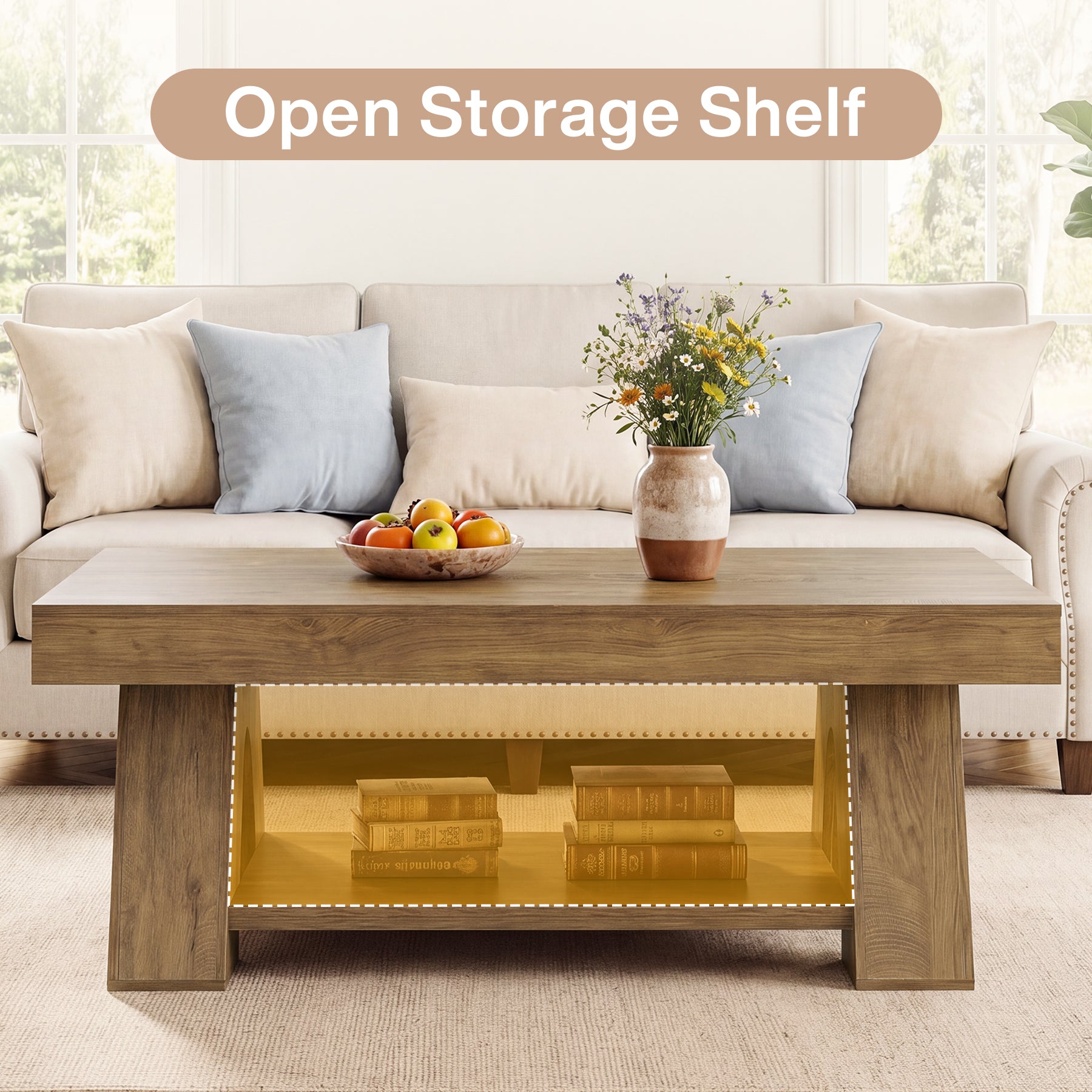 Tribesigns 55.1-Inch Farmhouse Coffee Table with Storage Shelf, Large Rectangle Center Table for Living Room