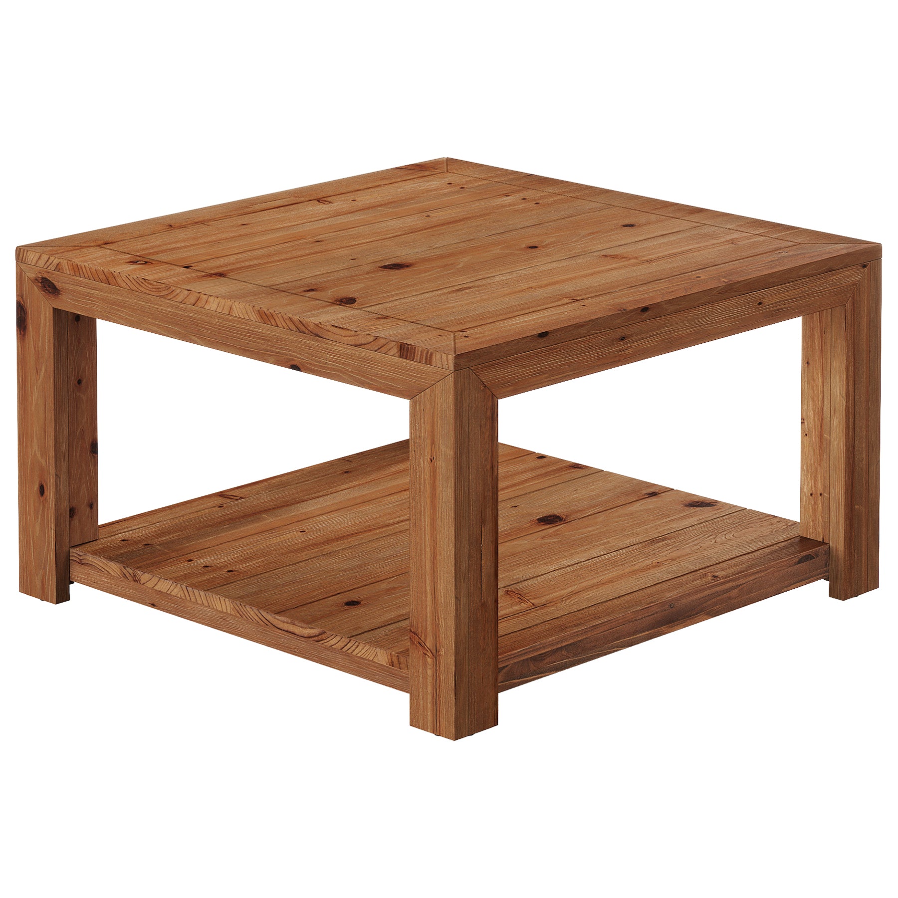 31.5" Solid Wood Coffee Table, Square Center Table with 2-Tier Open Shelf