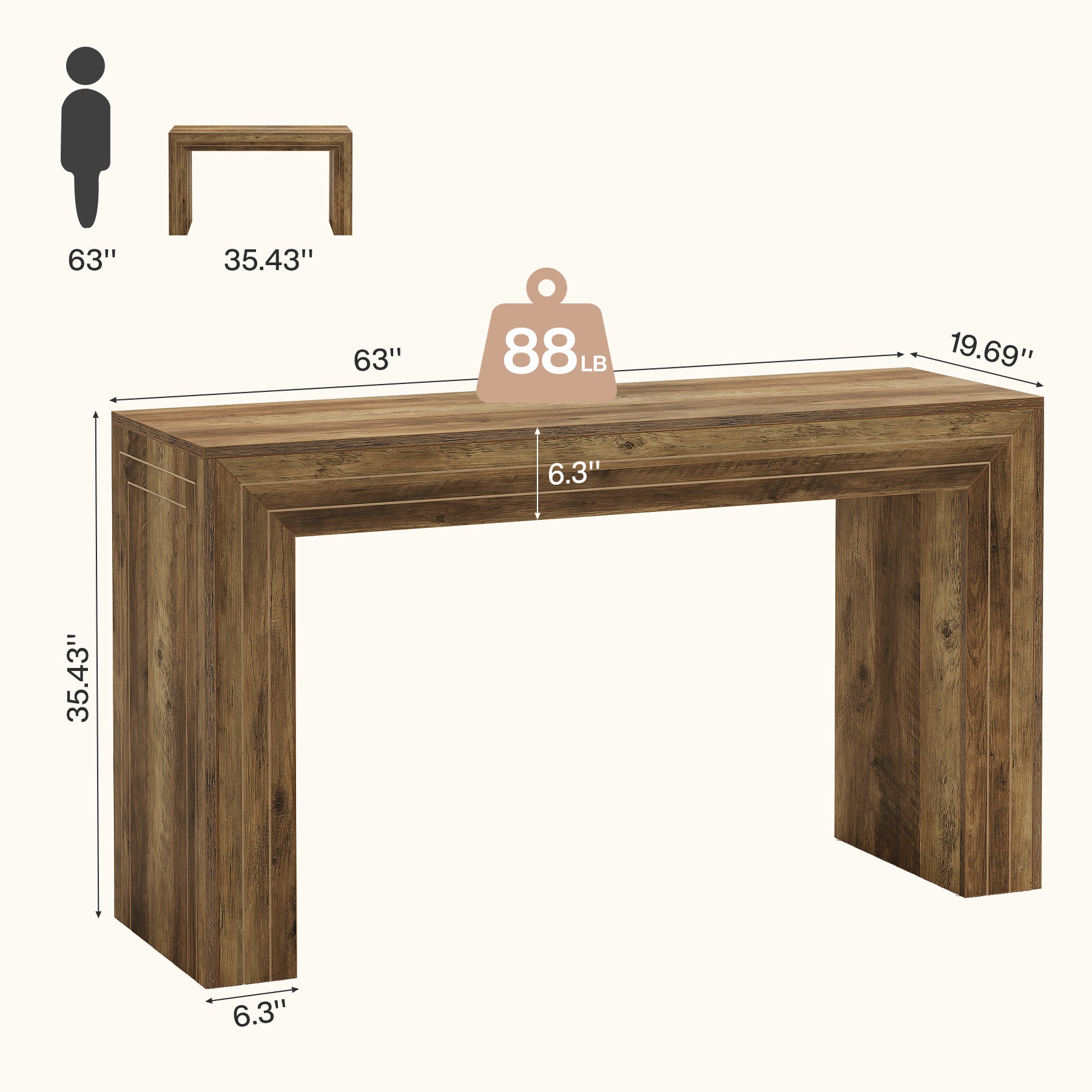 63" Bar Table, Home Counter Height Pub Table with Sturdy Rectangular Base