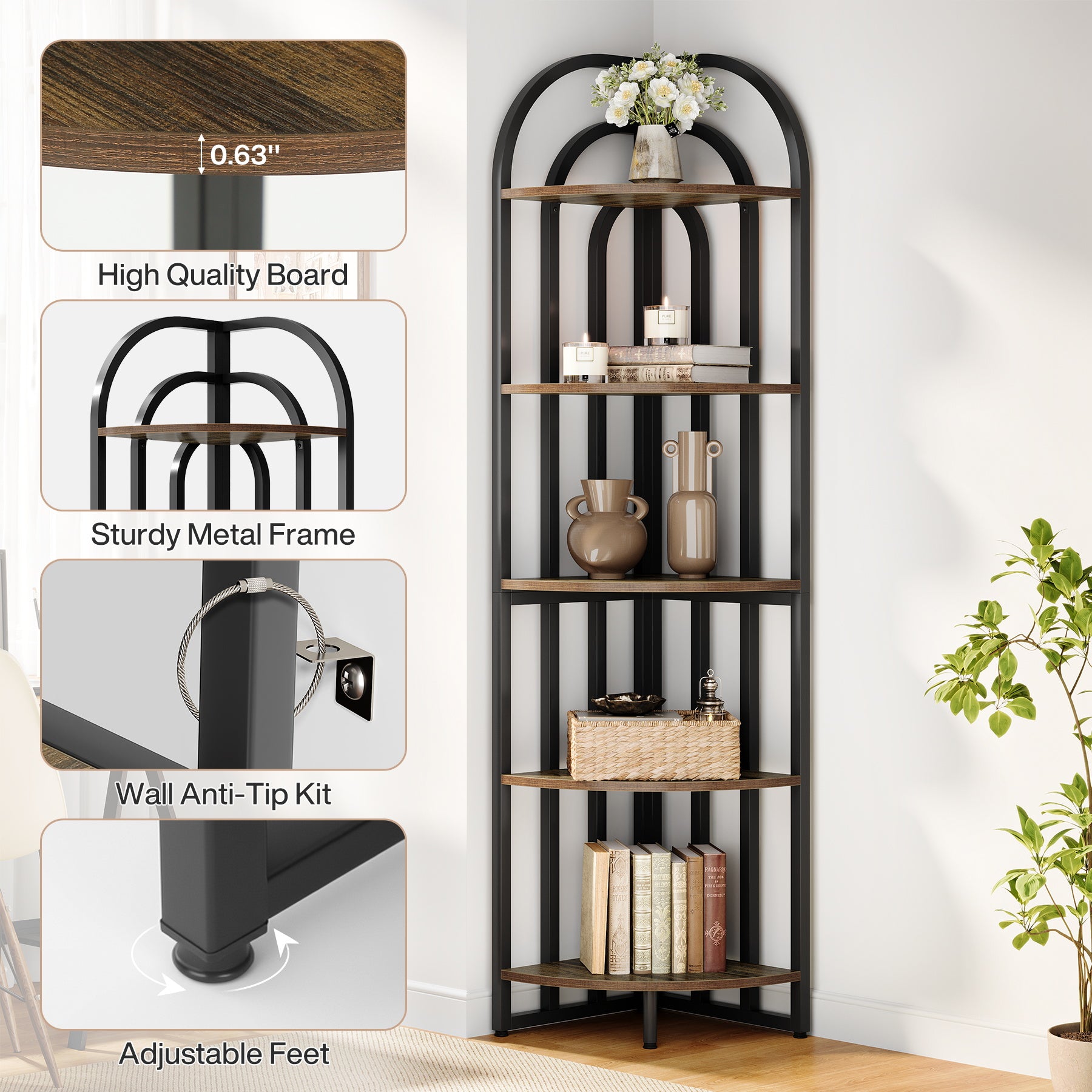 5-Tier Corner Shelf, 71" Tall Corner Bookshelf Display Rack