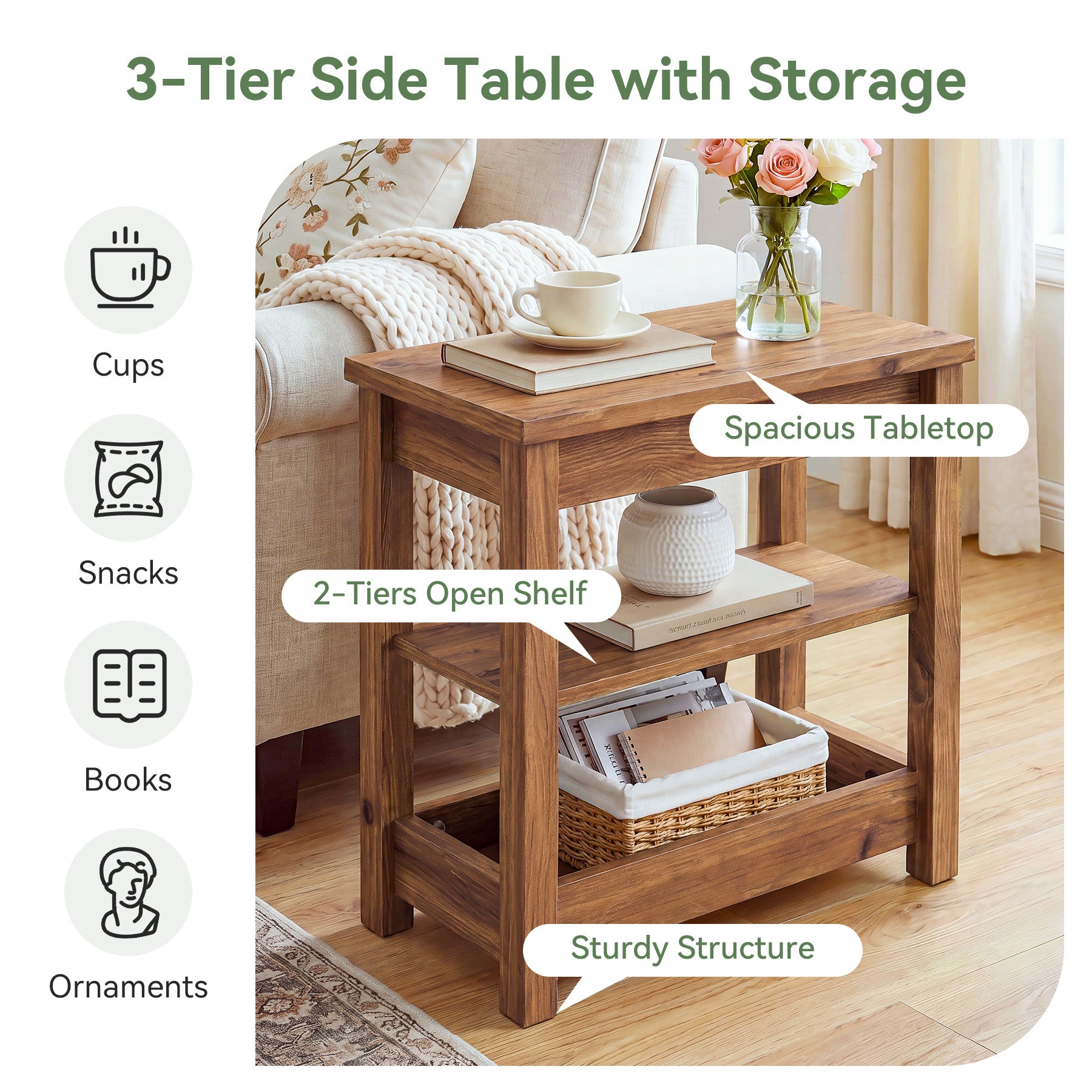 Tribesigns 23.62" Solid Wood End Table, 3-Tier Narrow Side Table for Living Room and Bedroom