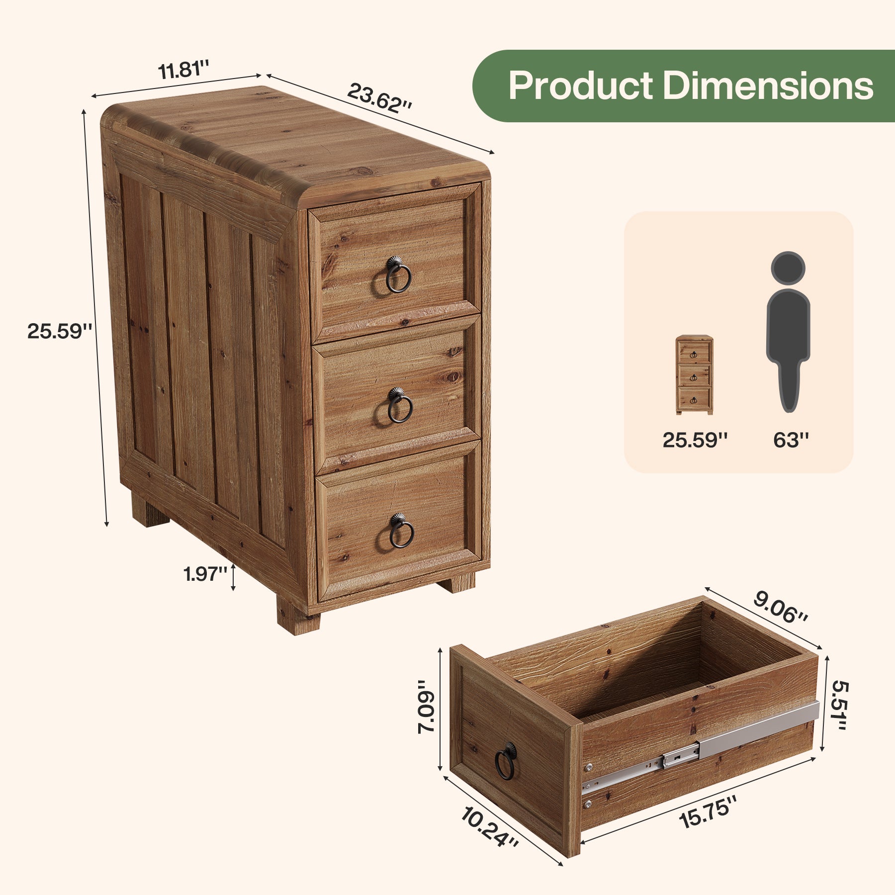 Solid Wood End Table, Narrow Side Table Nightstand with 3 Drawers