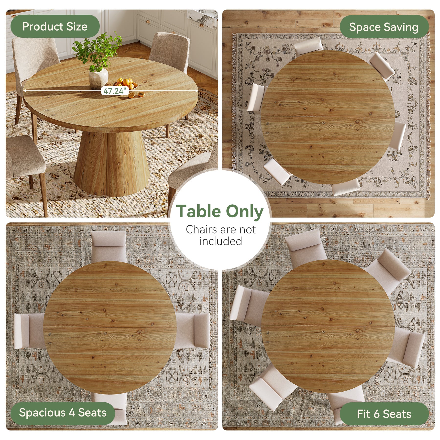 47.24" Solid Wood Dining Table, Round Kitchen Table with Pedestal Base for 4-6