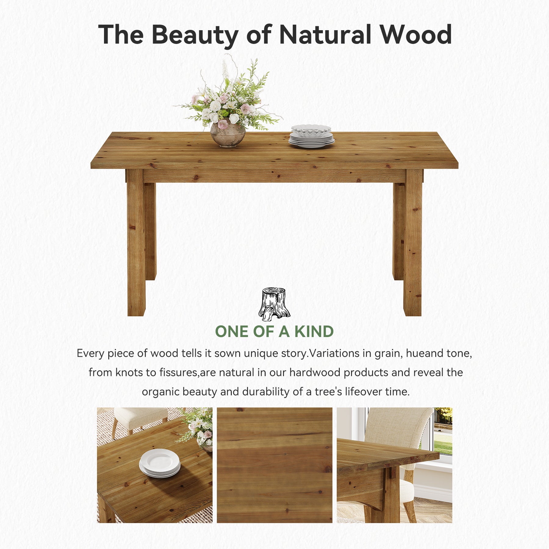 Solid Wood Dining Table, 63" Rectangular Kitchen Table for 4-6 People