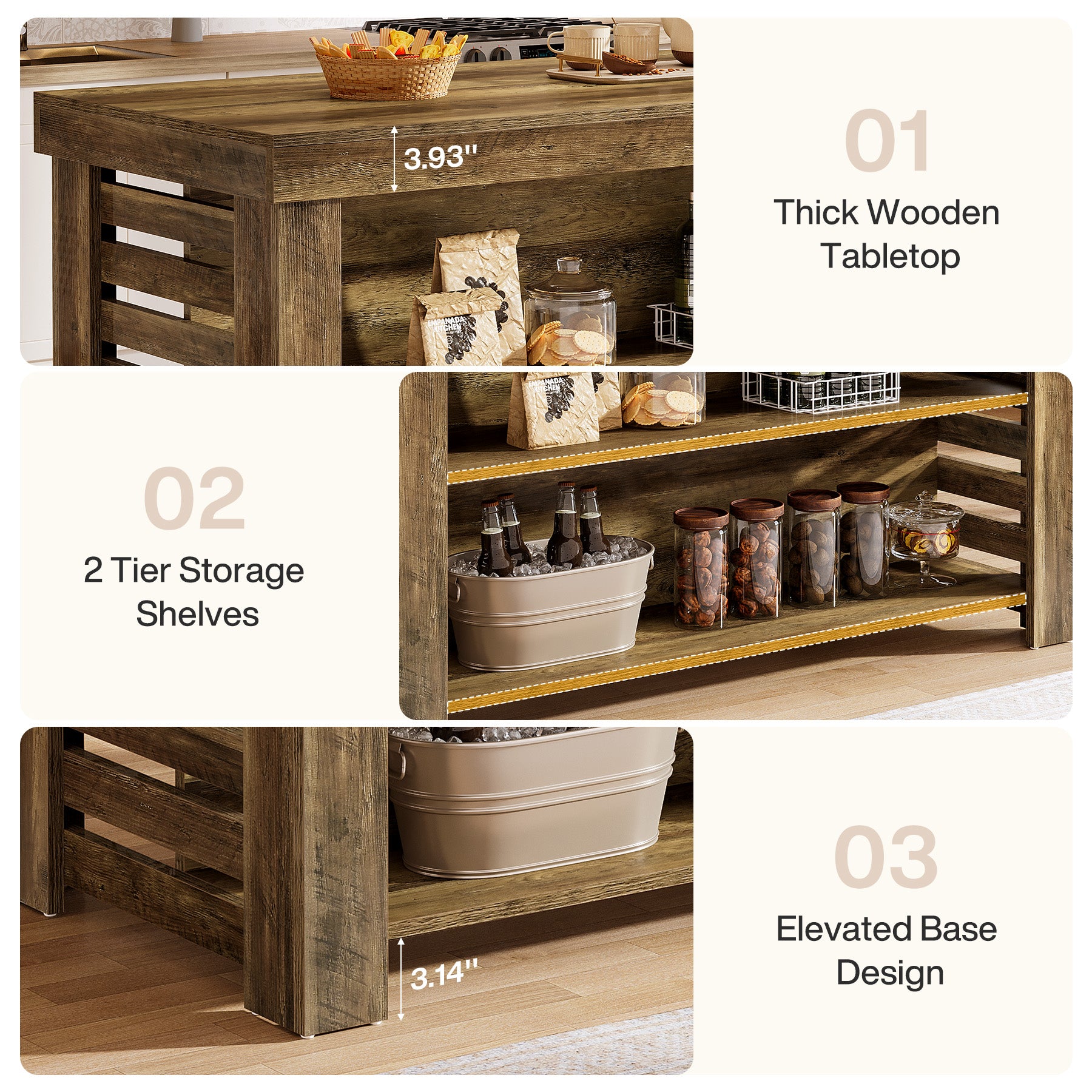 55" Kitchen Island, 3-Tier Farmhouse Coffee Bar Table with Storage Shelves
