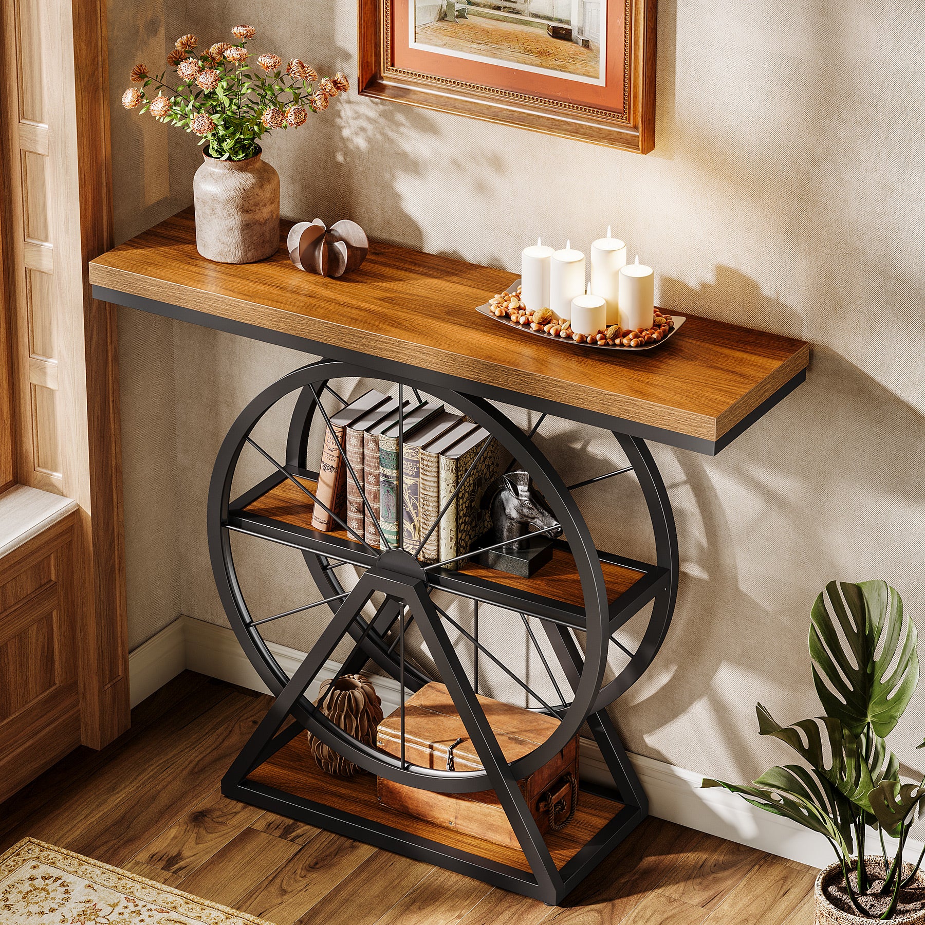 39.4" Industrial 3-Tier Console Table with Wheels, Narrow Entryway Sofa Table with Storage