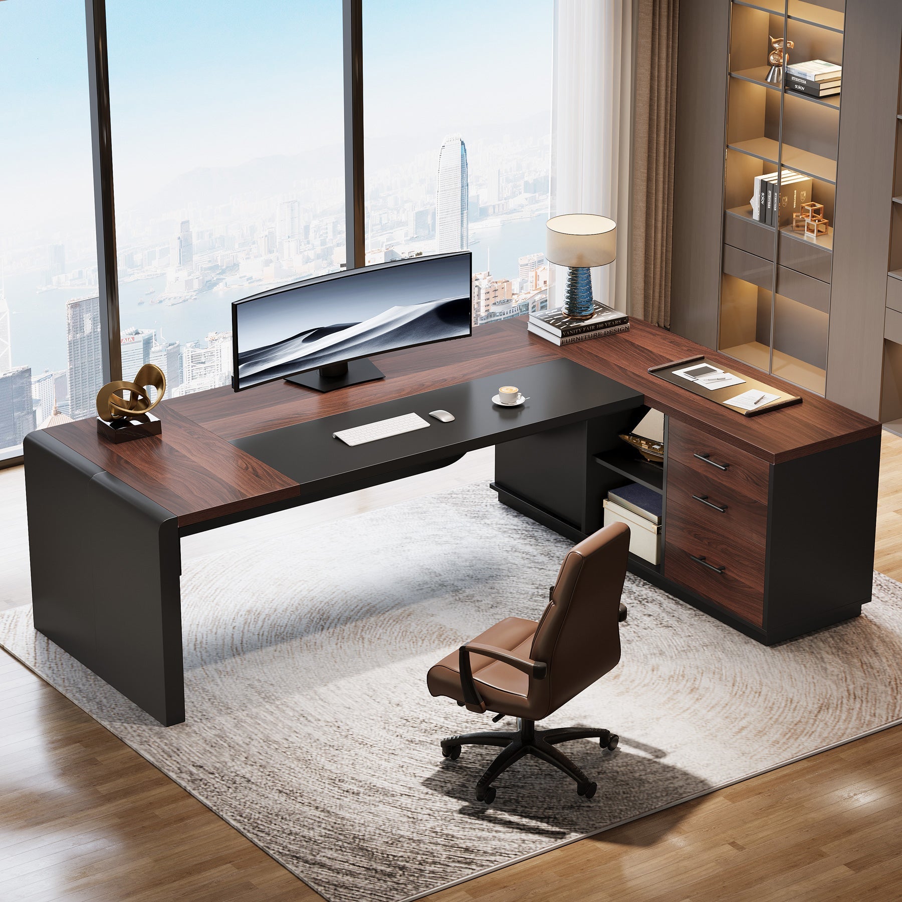 80" Executive Desk, L - Shaped Computer Desk with Storage Drawers Tribesigns