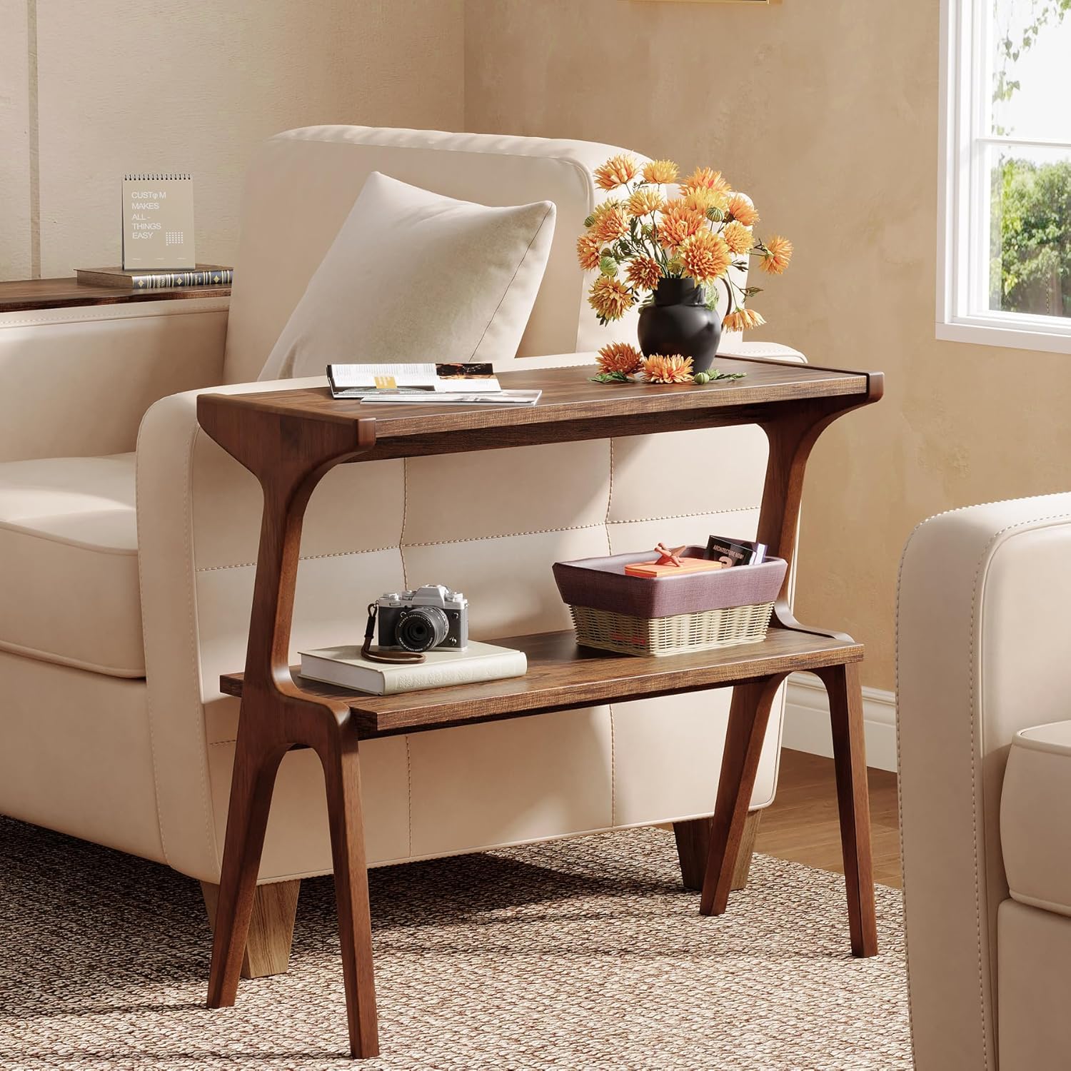 2-Tier Slim End Table, Solid Wood Sofa Side Table with Storage Shelf
