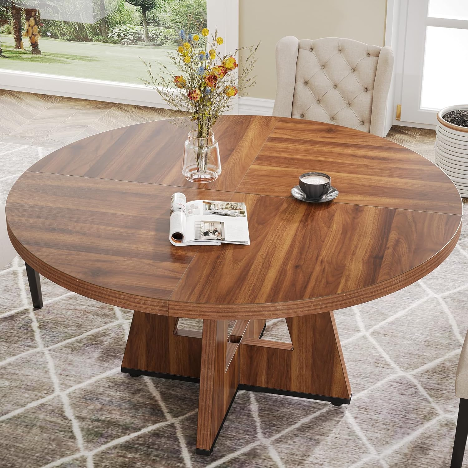 47-Inch Round Farmhouse Dining Table for 4–6 with Cross-Style Pedestal Base