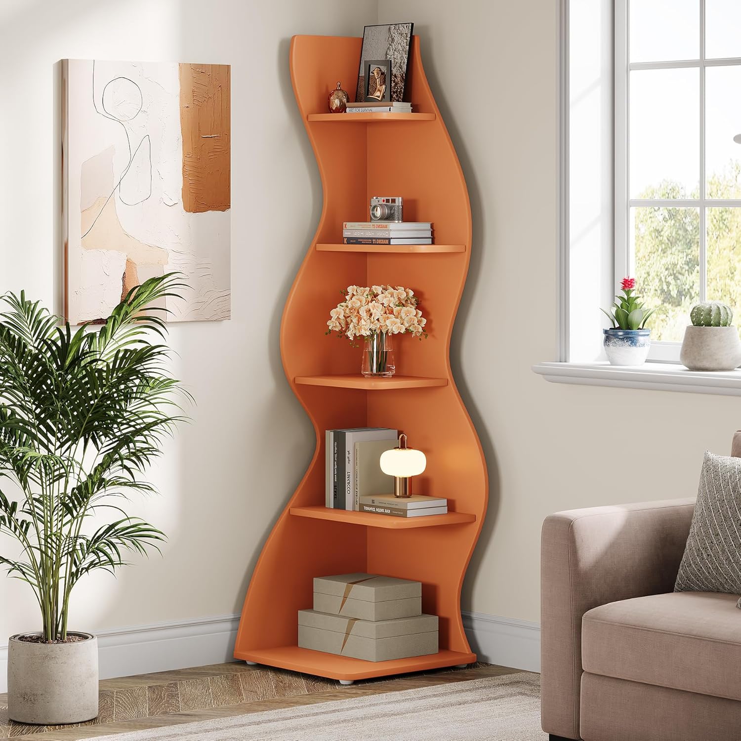 Tribesigns Wavy Corner Shelf, Modern 5-Tier Curved Bookshelf for Small Spaces