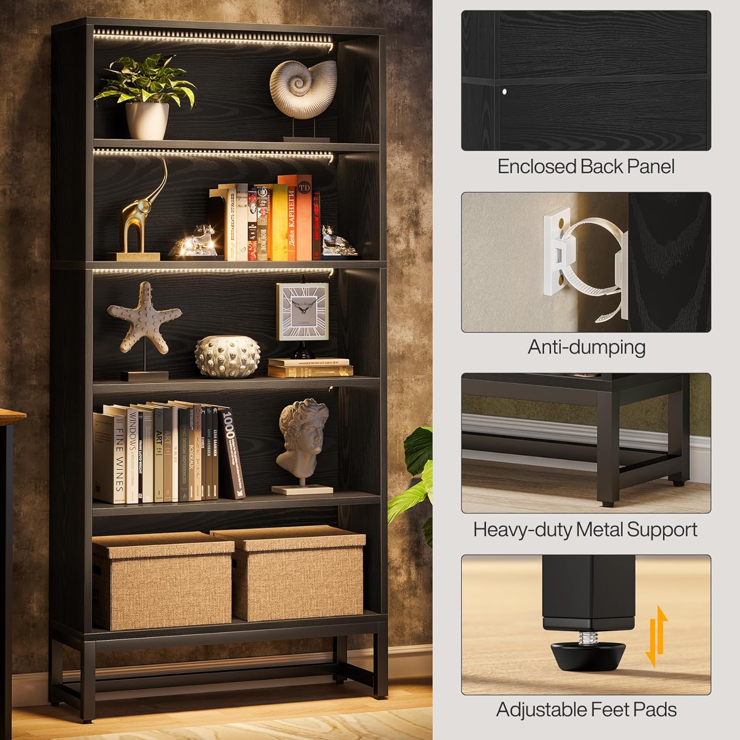 Tribesigns 70.8-Inch Tall Bookcase with LED Lights, 5-Tier Black Bookshelf Organizer