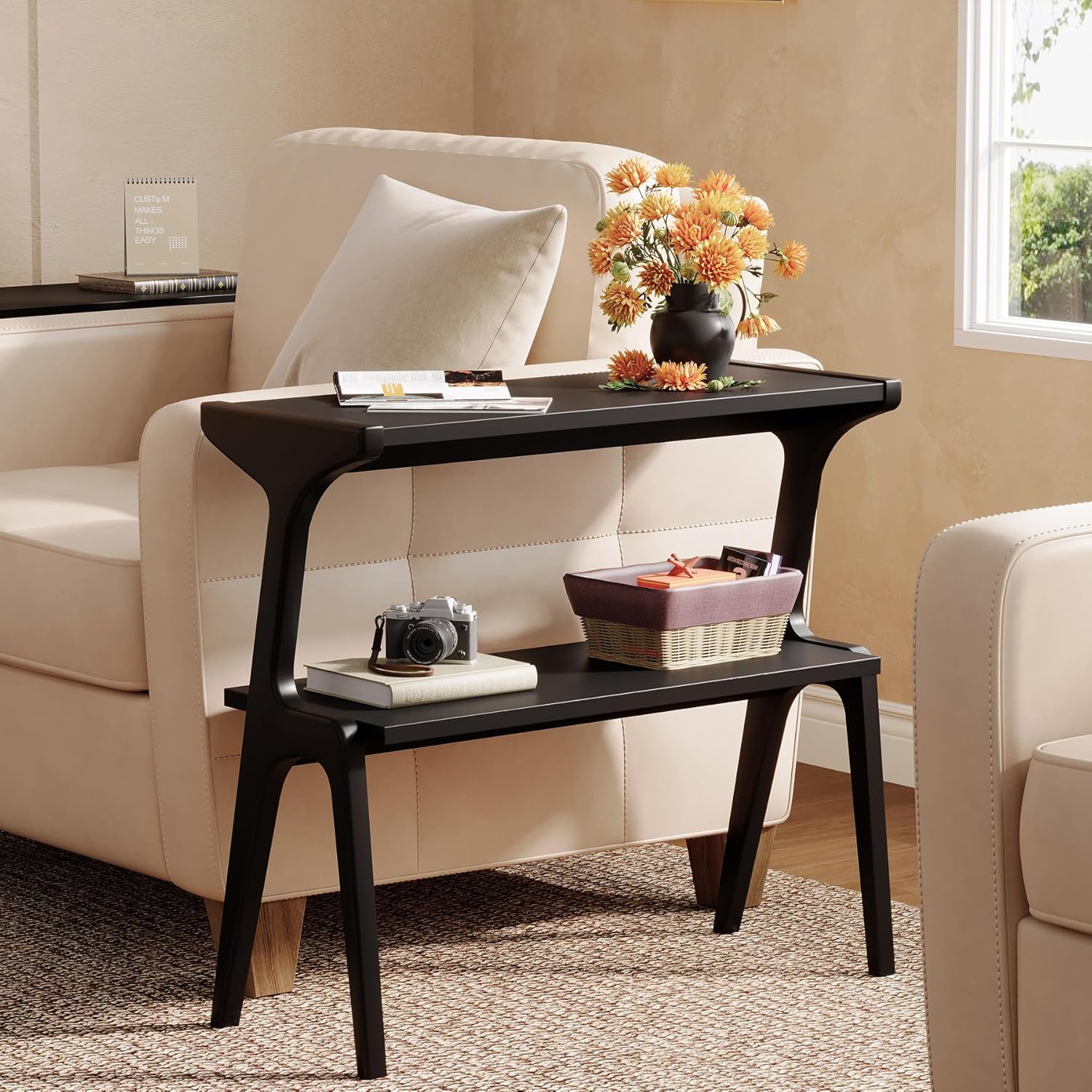 2-Tier Slim End Table, Solid Wood Sofa Side Table with Storage Shelf