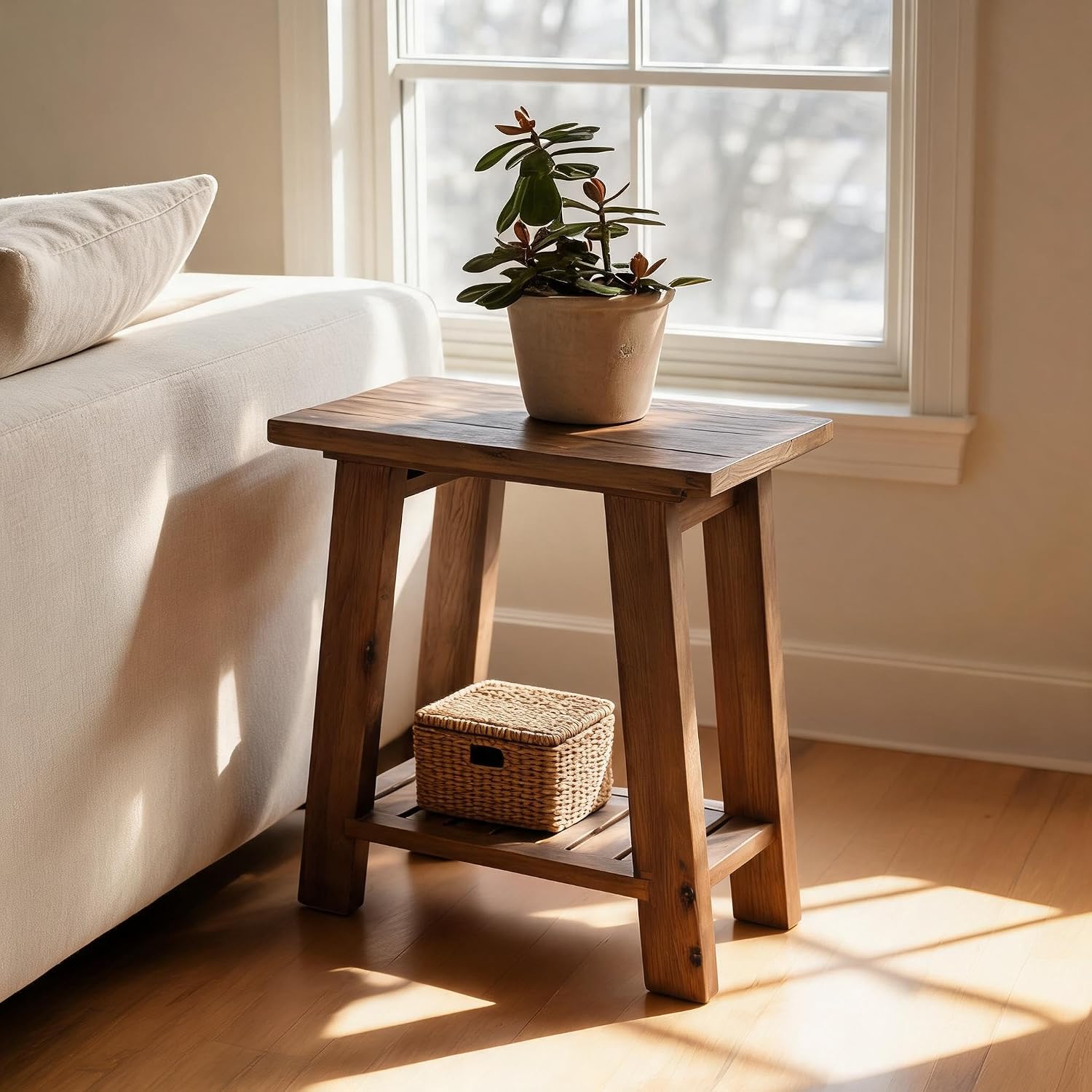 23.6" Solid Wood End Table, Narrow Side Table for Sofa Couch with Shelves