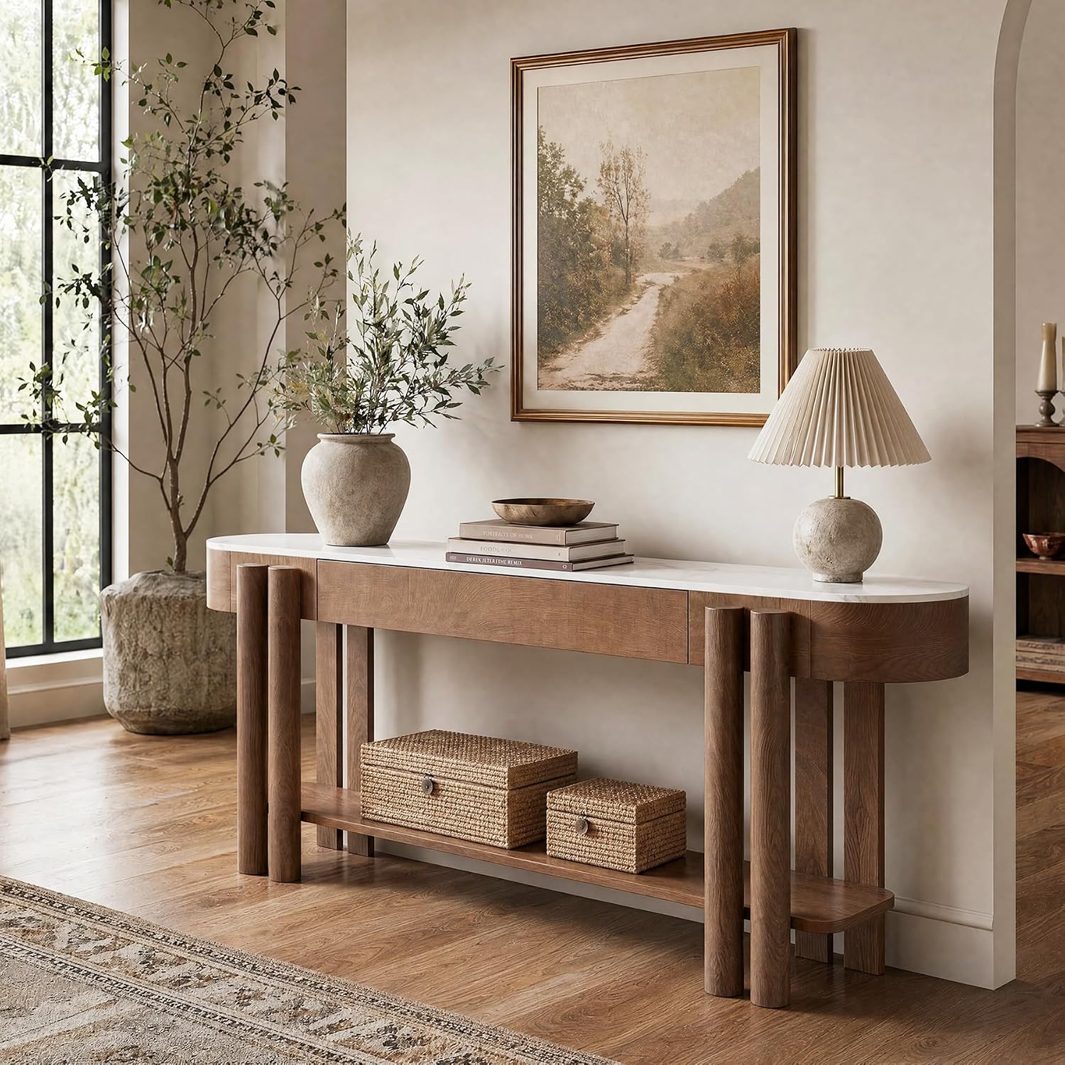 63" Faux Marble Console Table with Drawer