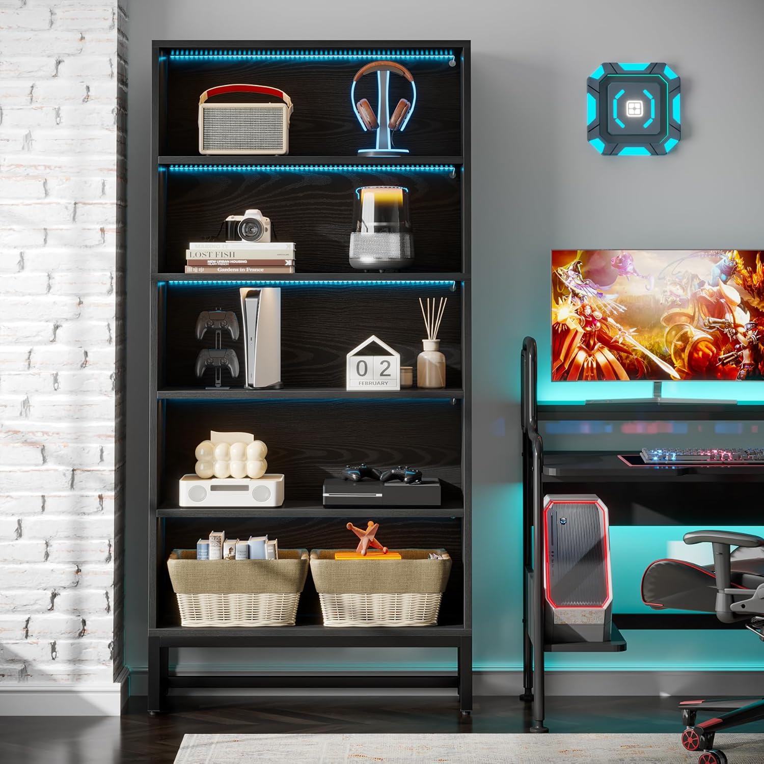 Tribesigns 70.8-Inch Tall Bookcase with LED Lights, 5-Tier Black Bookshelf Organizer