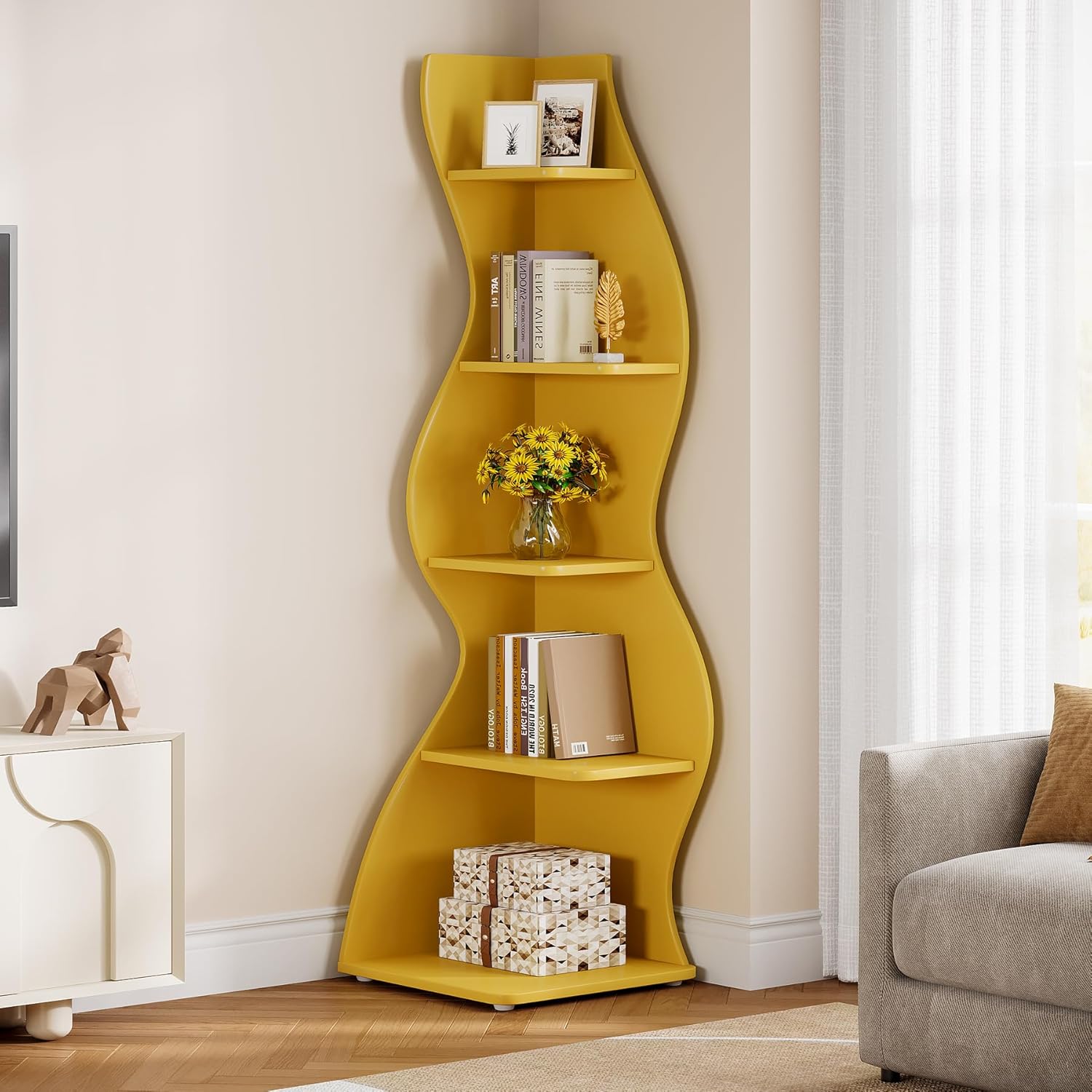 Tribesigns Wavy Corner Shelf, Modern 5-Tier Curved Bookshelf for Small Spaces