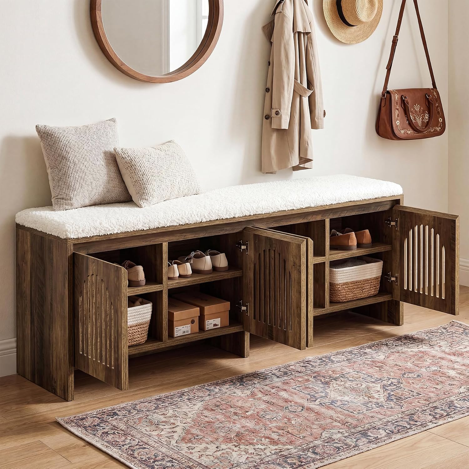 55" Upholstered Shoe Storage Bench, 2-Tier Entryway Bench with Storage Shelves