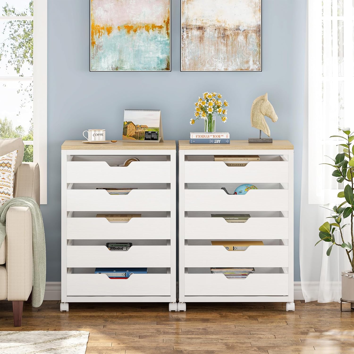 5-Drawer File Cabinet, Wood Mobile Storage Drawer Unit Industrial Office Cabinet with Drawers & Wheels