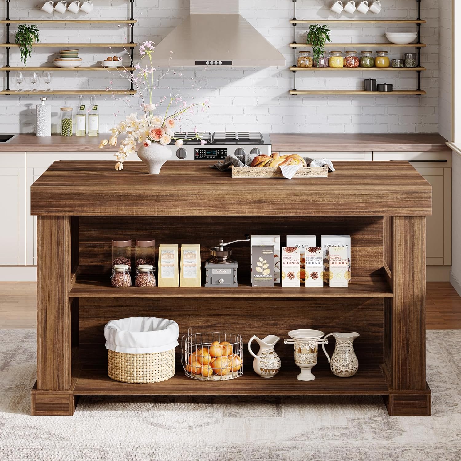 55" Counter Height Bar Table with Storage Shelves, Rectangular Kitchen Table for 6