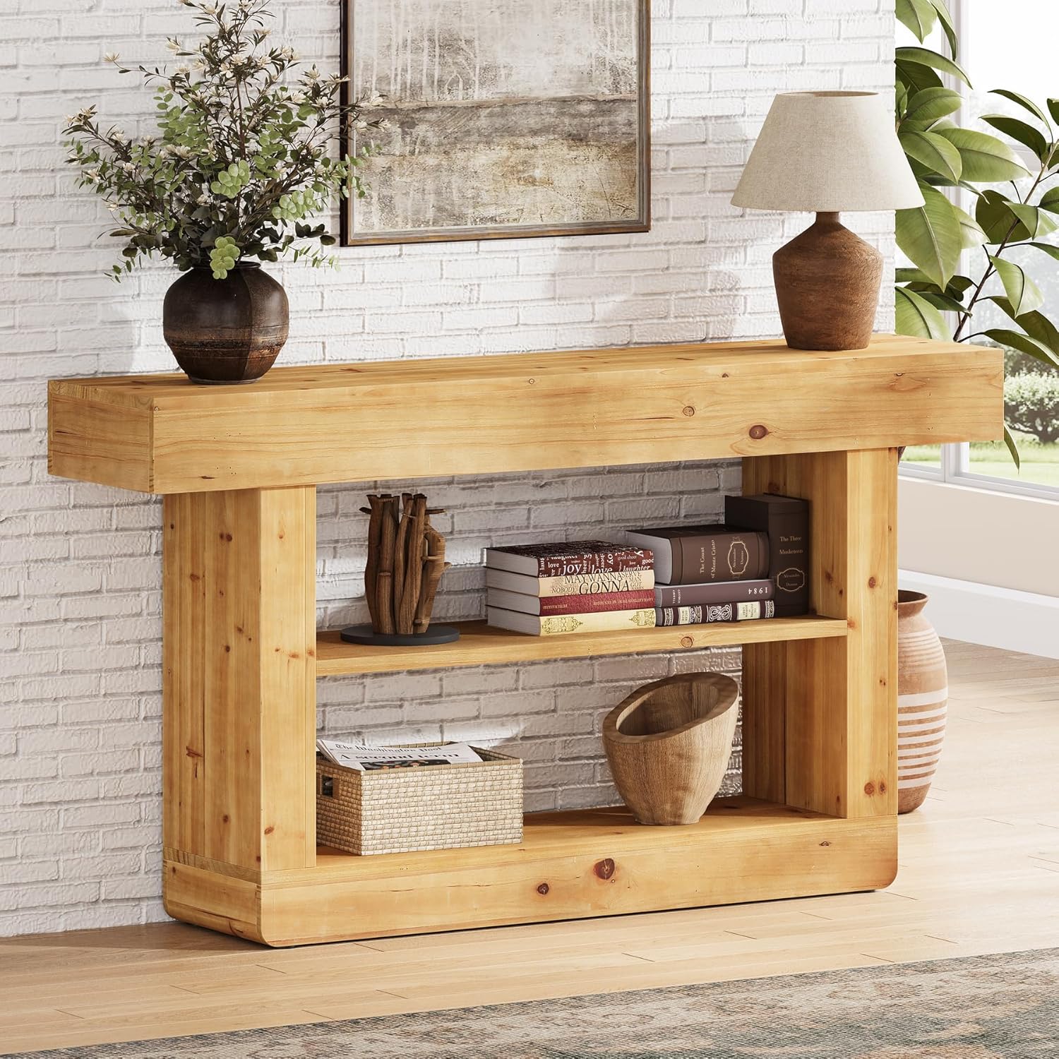 63" Solid Wood Console Table, 3-Tier Sofa Table with Storage for Entryway