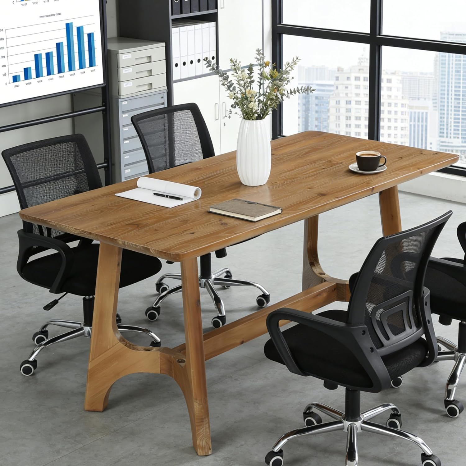 62.99" Solid Wood Conference Table, Rectangular Seminar Desk Meeting Room Table for 4-6 People