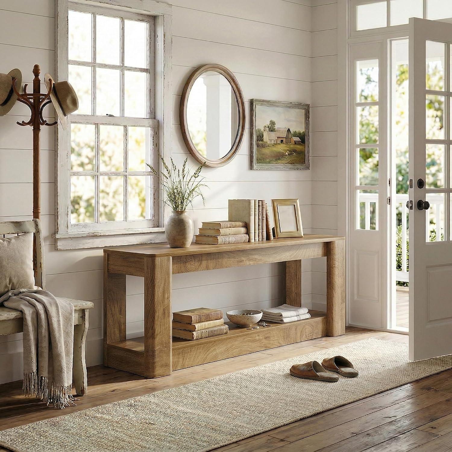 63" Farmhouse Console Table, Narrow Entryway & Sofa Table with Open Lower Shelf