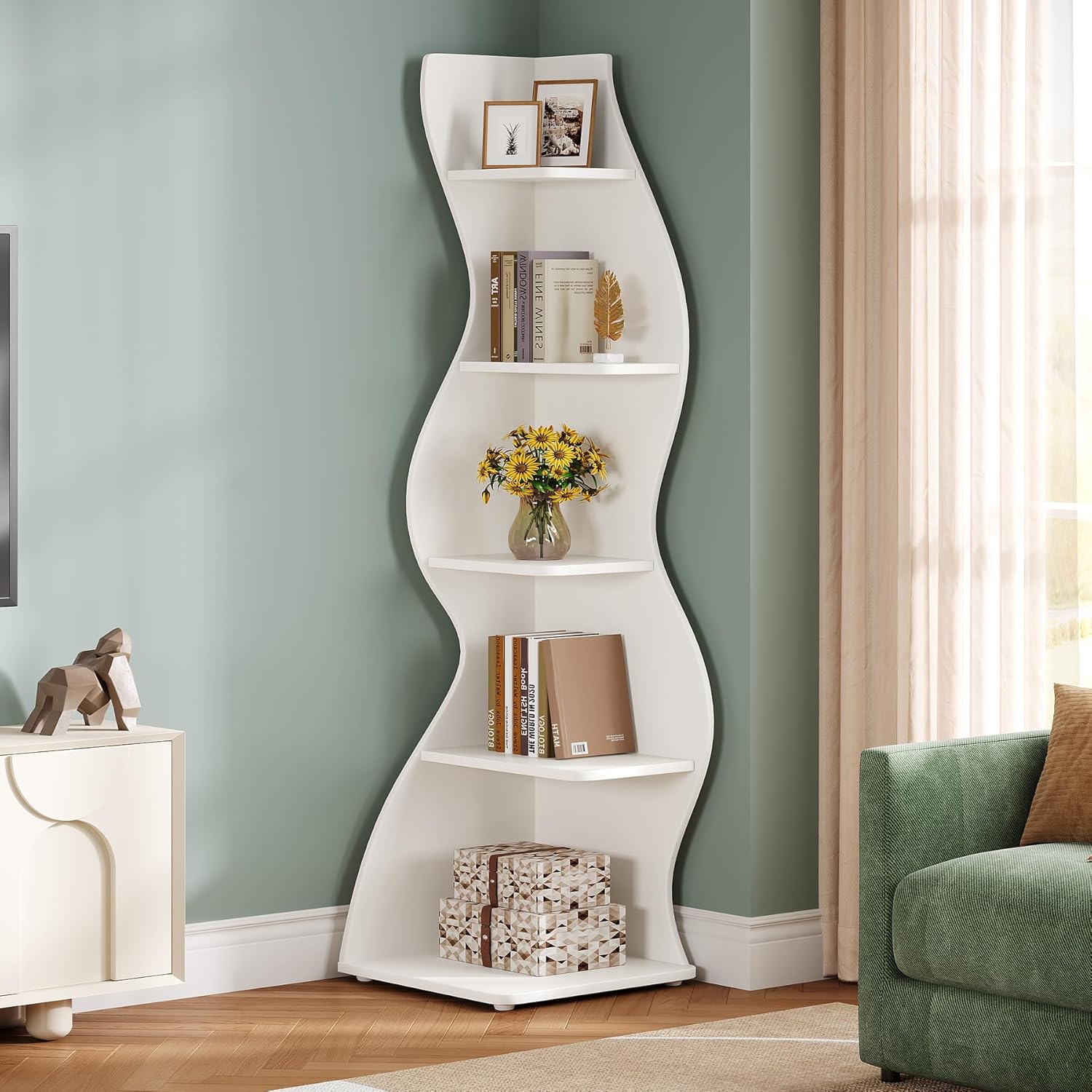 Tribesigns Wavy Corner Shelf, Modern 5-Tier Curved Bookshelf for Small Spaces