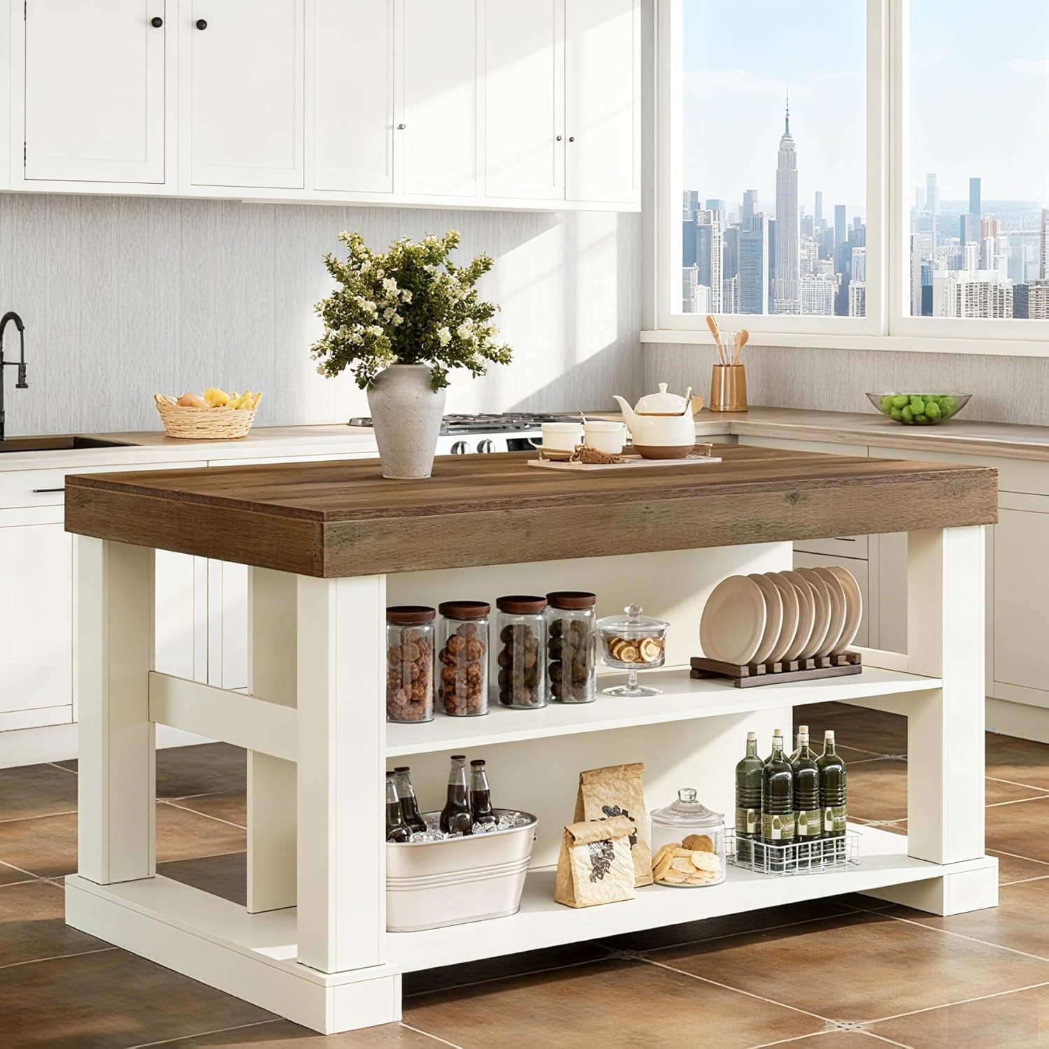 55" Counter Height Bar Table with Storage Shelves, Rectangular Kitchen Table for 6