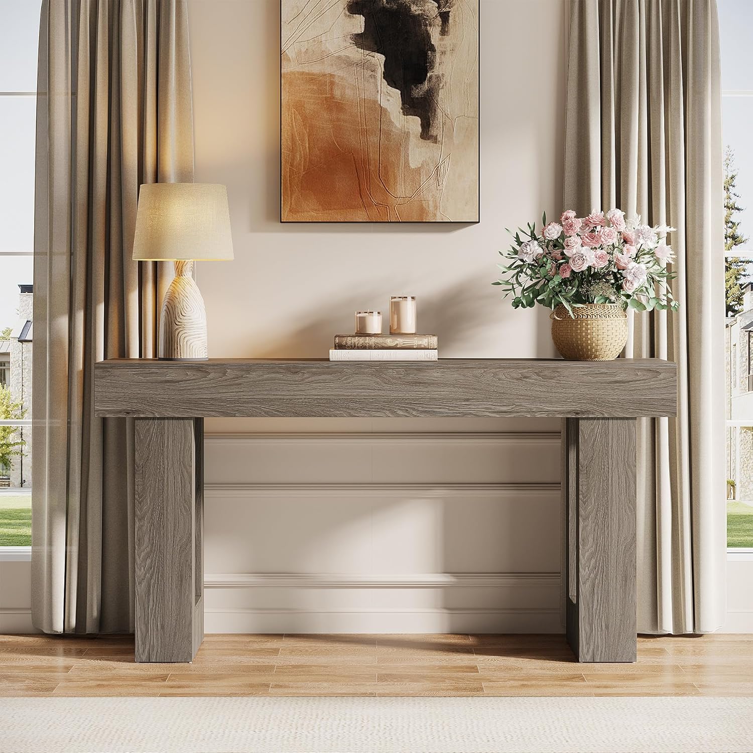 63" Wood Sofa Table, Chunky Console Table for Entryway